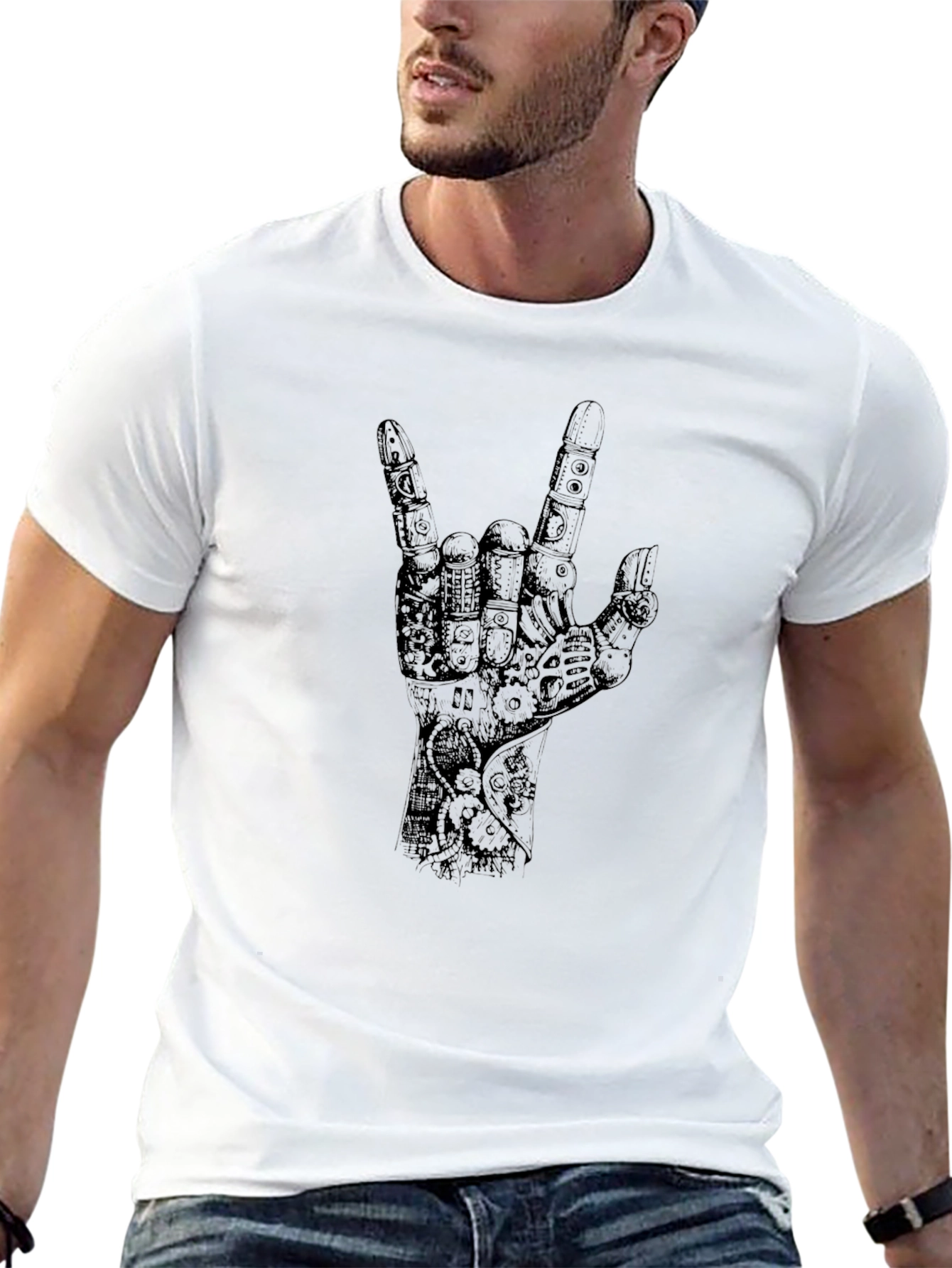 Black Black T-Shirt with Mechanical Hand Graphic view 13