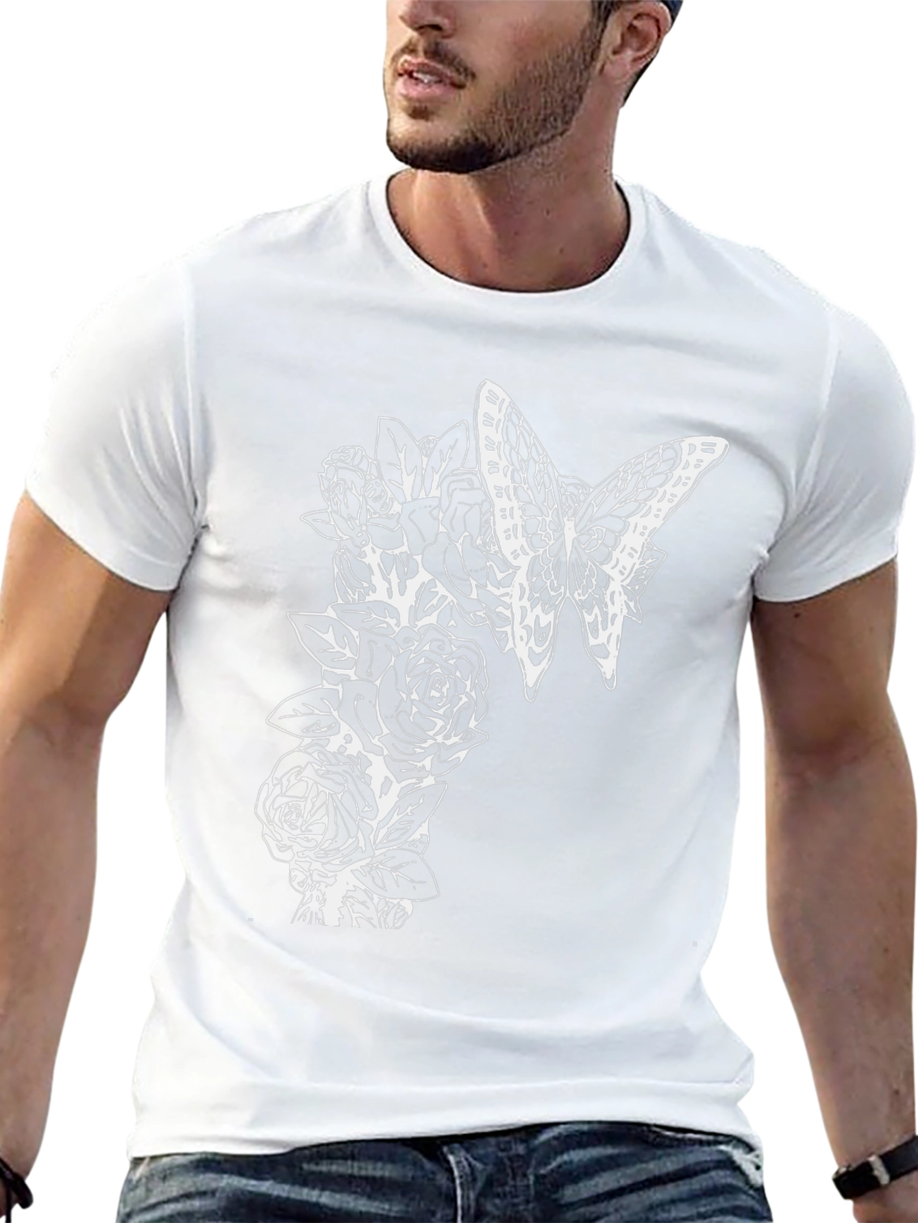 Black Butterfly and Roses Graphic T-Shirt - Men's Black Tee view 13