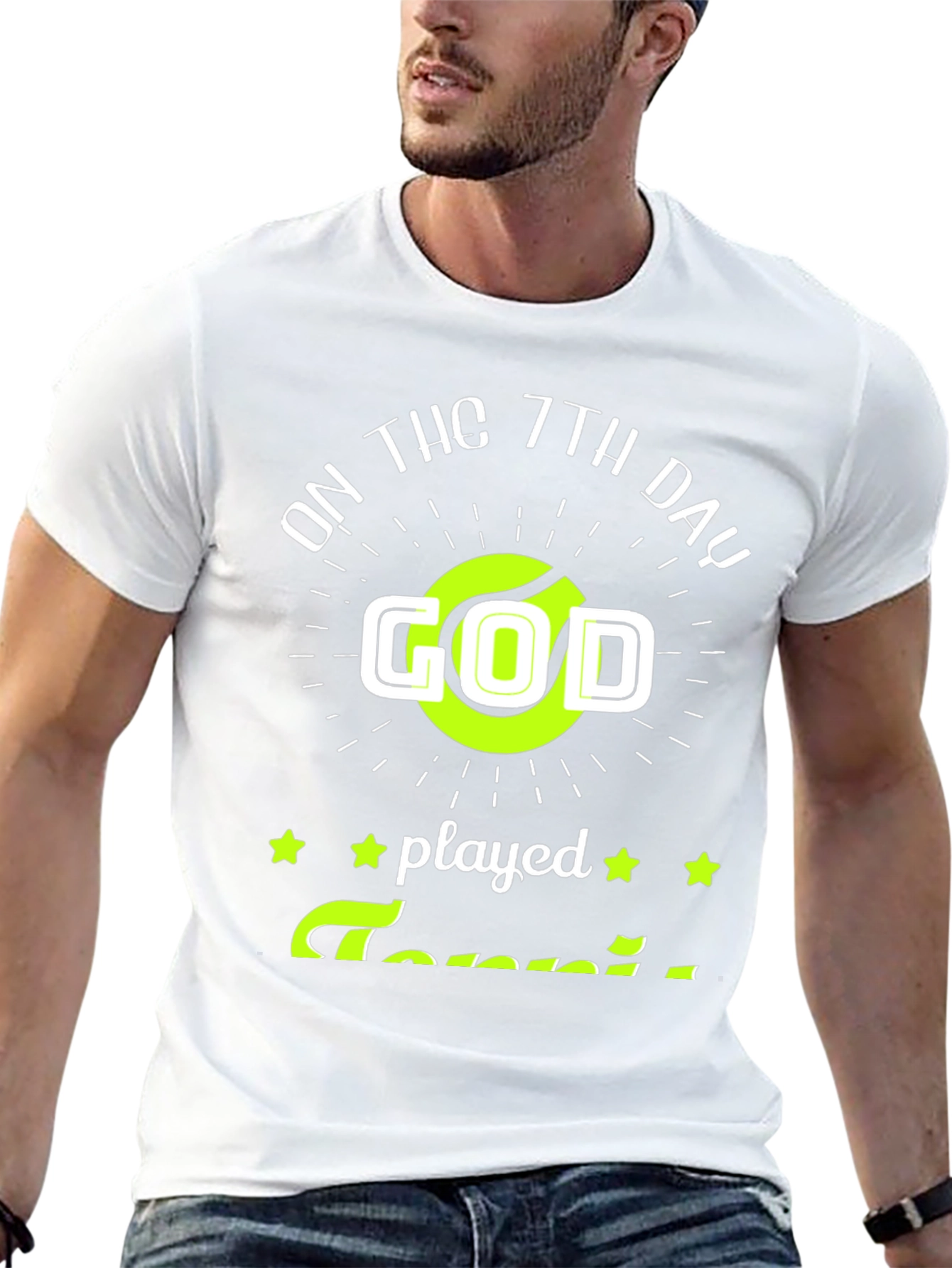 Black Funny Tennis God T-Shirt, On the 7th Day God Played Tennis Tee view 13
