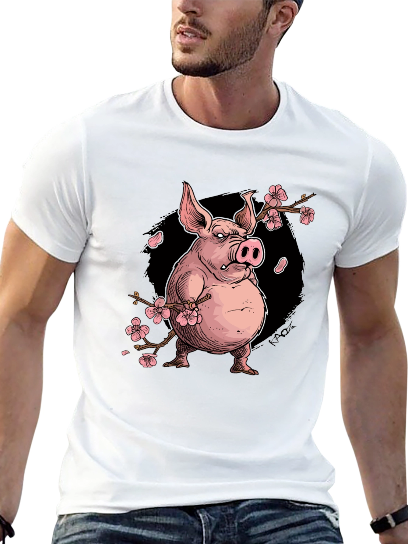 Black Pig with Cherry Blossoms Graphic T-Shirt view 13