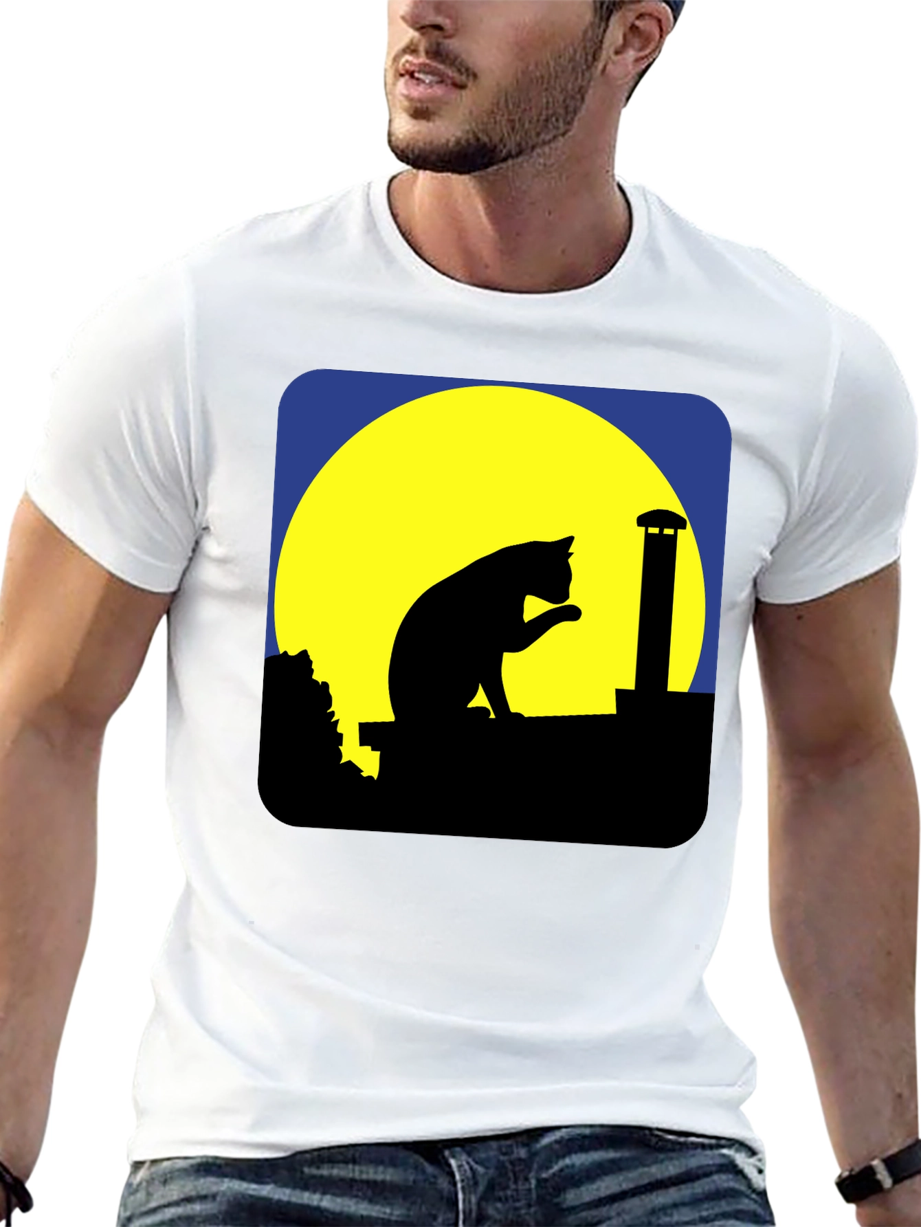 Black Cat On Rooftop Silhouette Graphic Tee - Black view 13