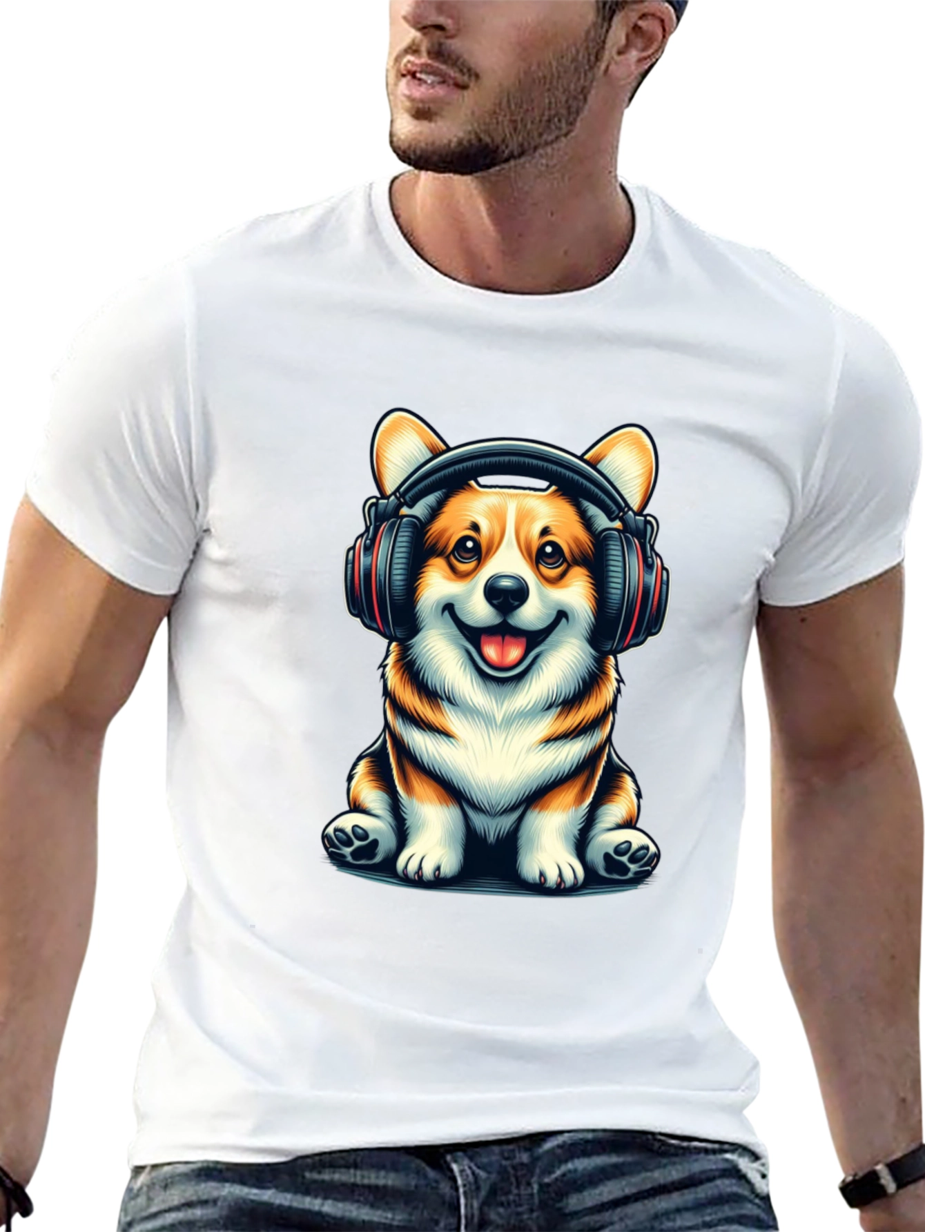 Black Corgi Headphones Graphic T-Shirt view 13