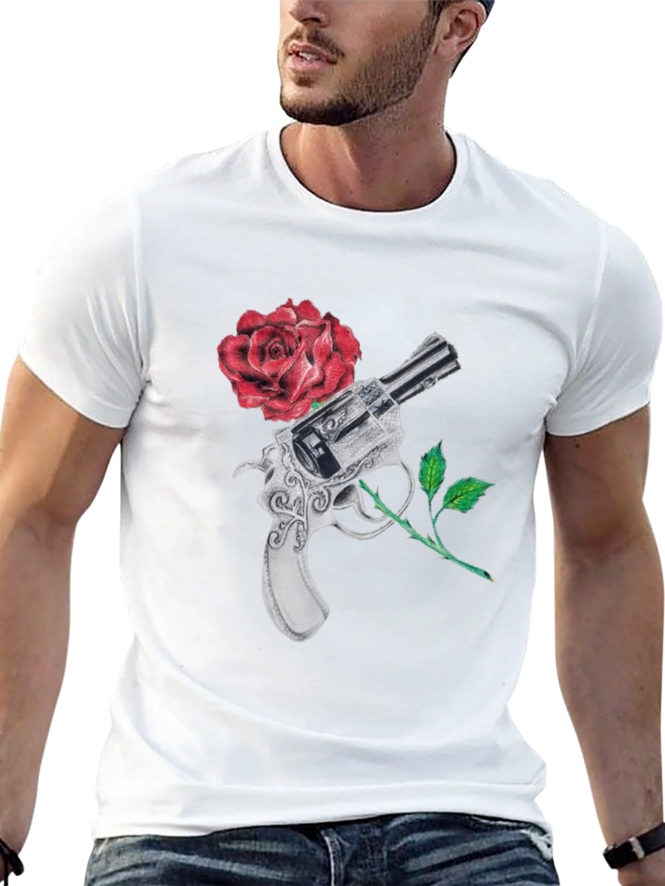 Black Gun and Rose Graphic Black T-Shirt view 13