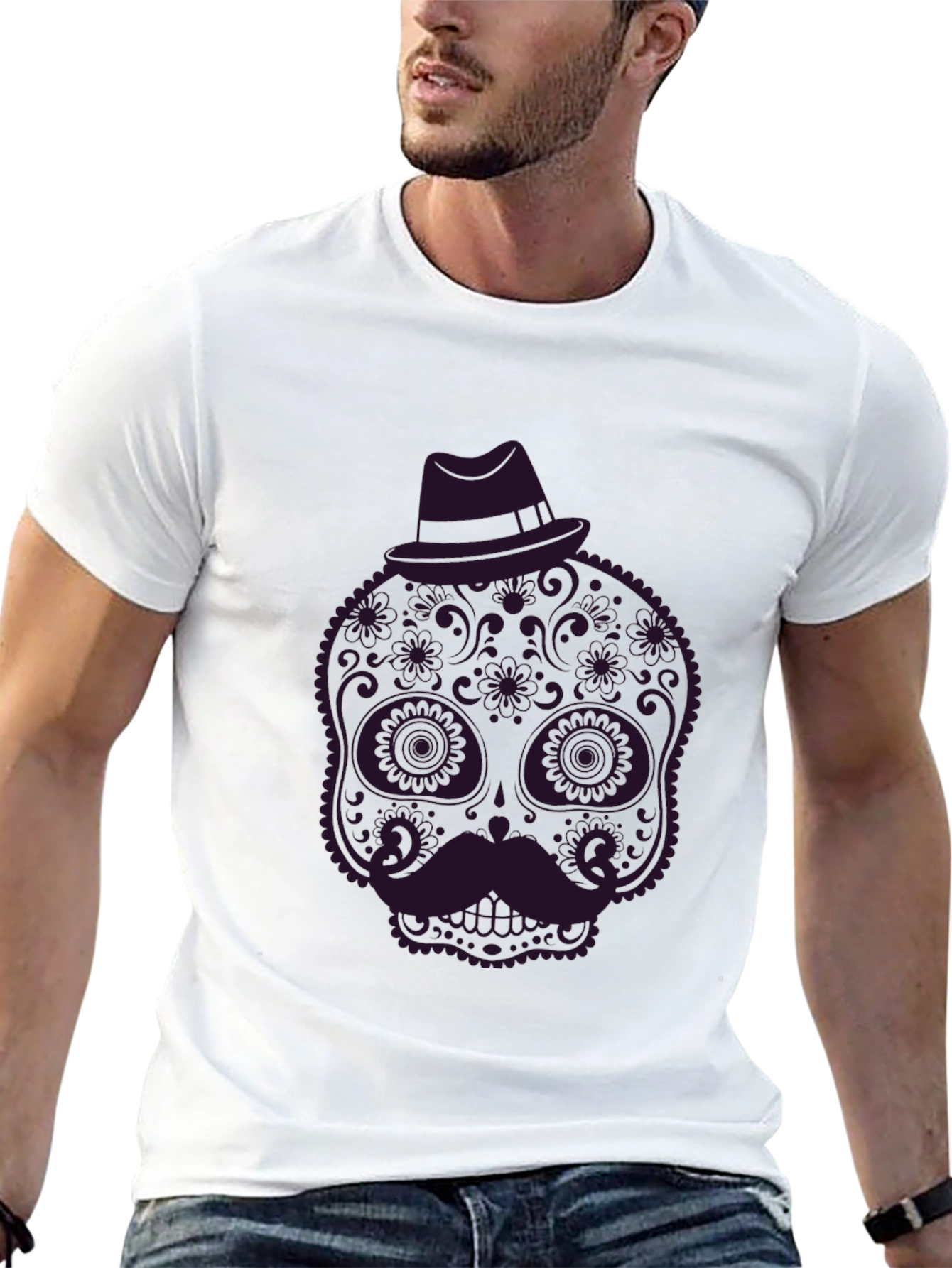 Black Sugar Skull Mustache Graphic Tee - Black view 13