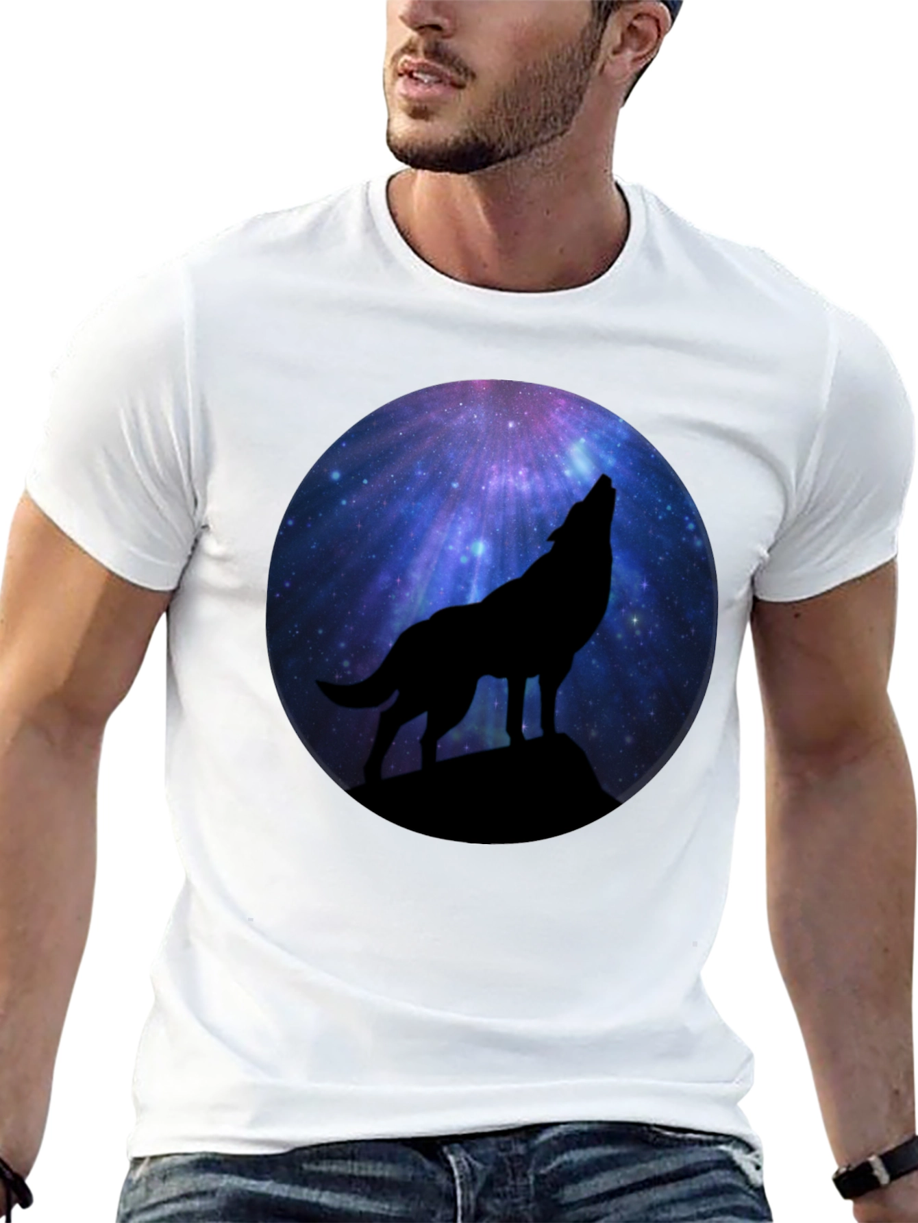 Black Wolf Howling at Galaxy Moon Men's Black T-Shirt view 13