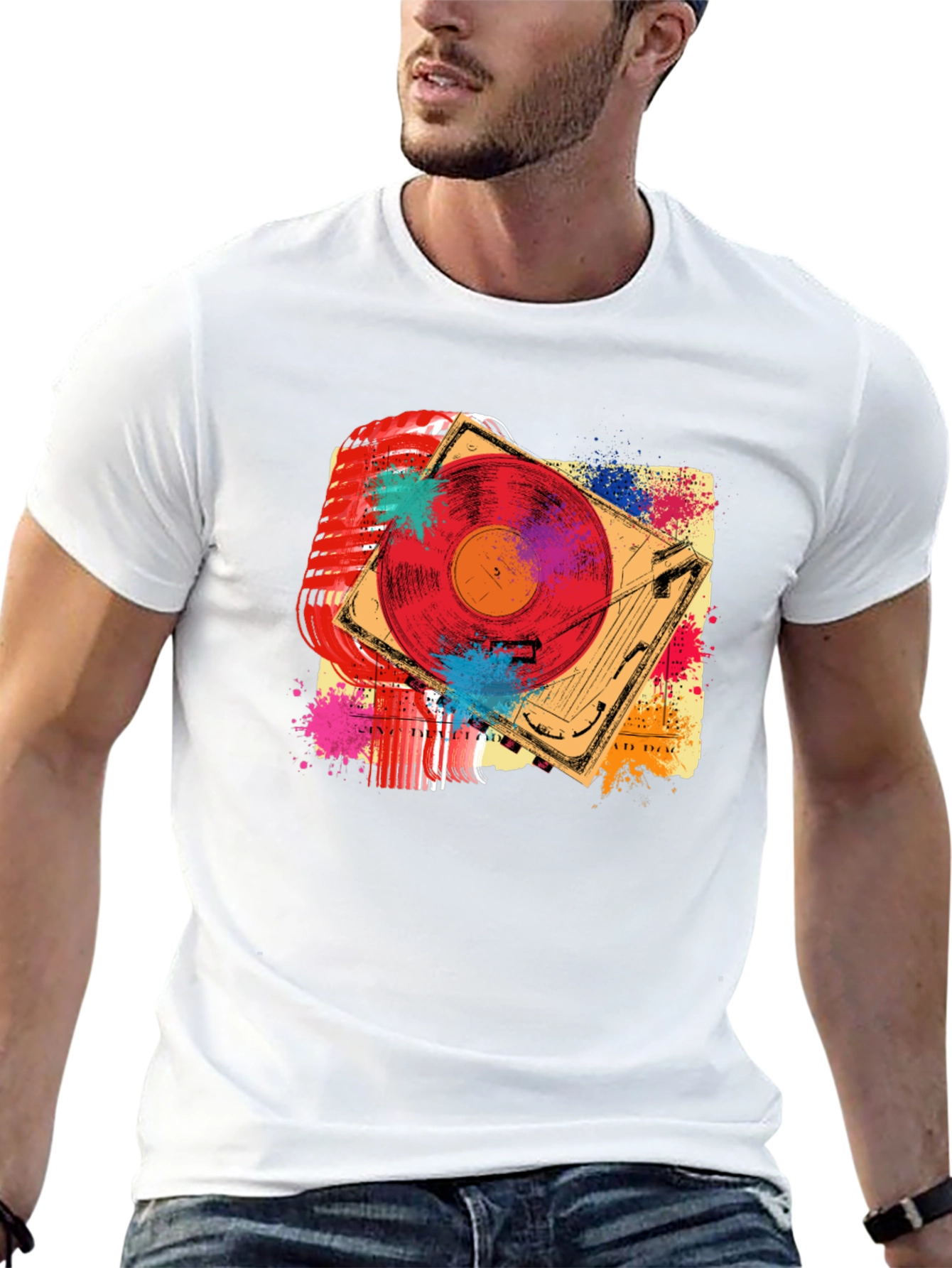 Black Retro Music T-Shirt - Microphone & Turntable Design view 13