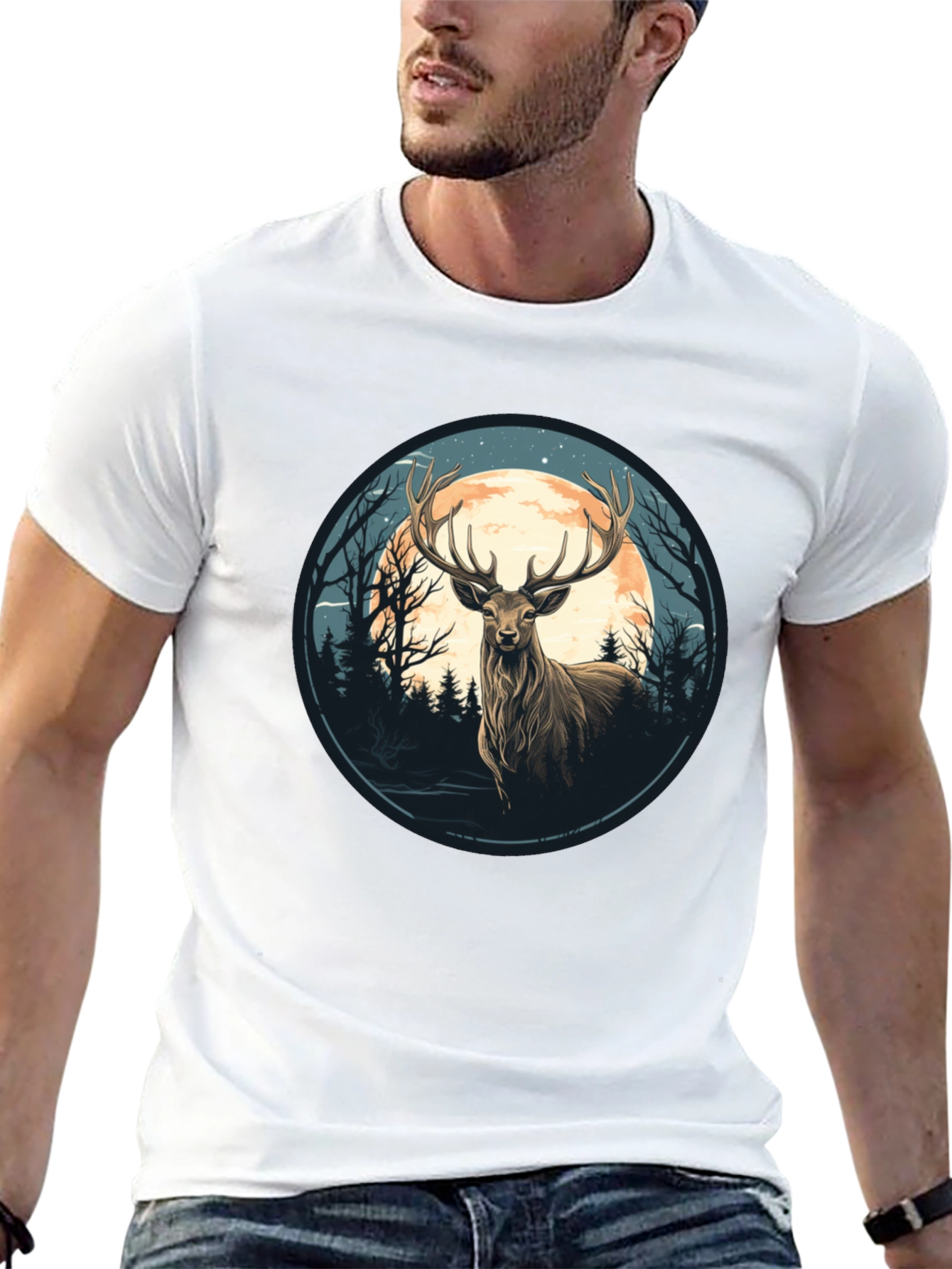 Black Deer Moon Graphic Tee - Nature Inspired Black T-Shirt view 13