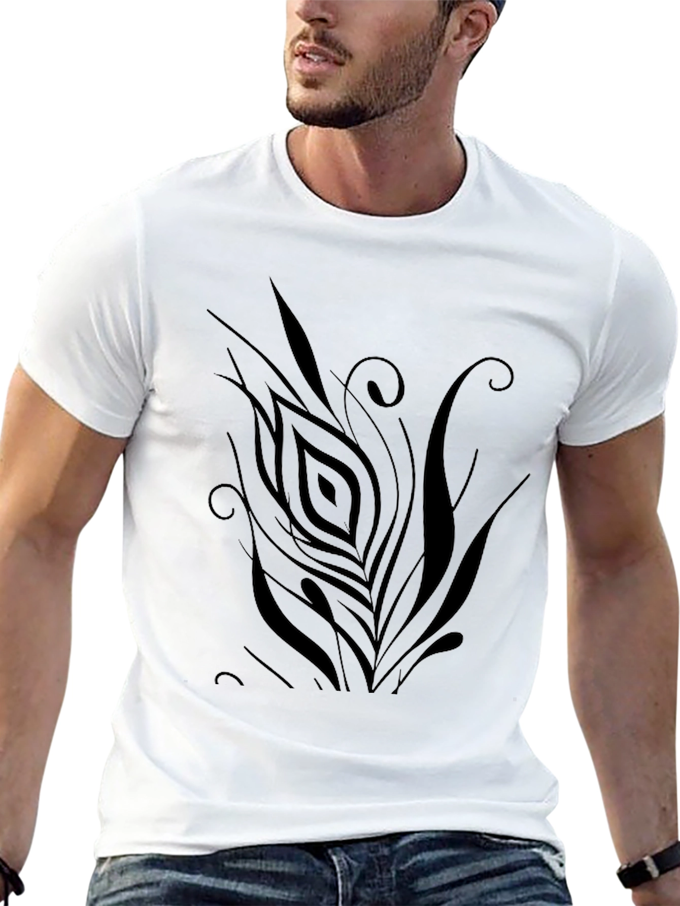Black Men's Black T-Shirt with Abstract Feather Design view 13