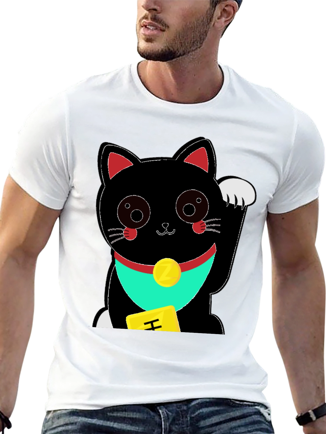 Black Lucky Cat Graphic Tee - Soft Black Cotton T-Shirt view 13