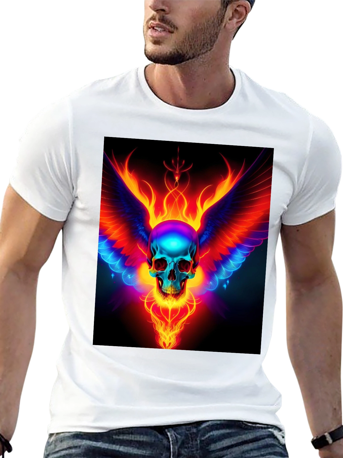 Black Flaming Skull Wings Graphic Black T-Shirt view 13