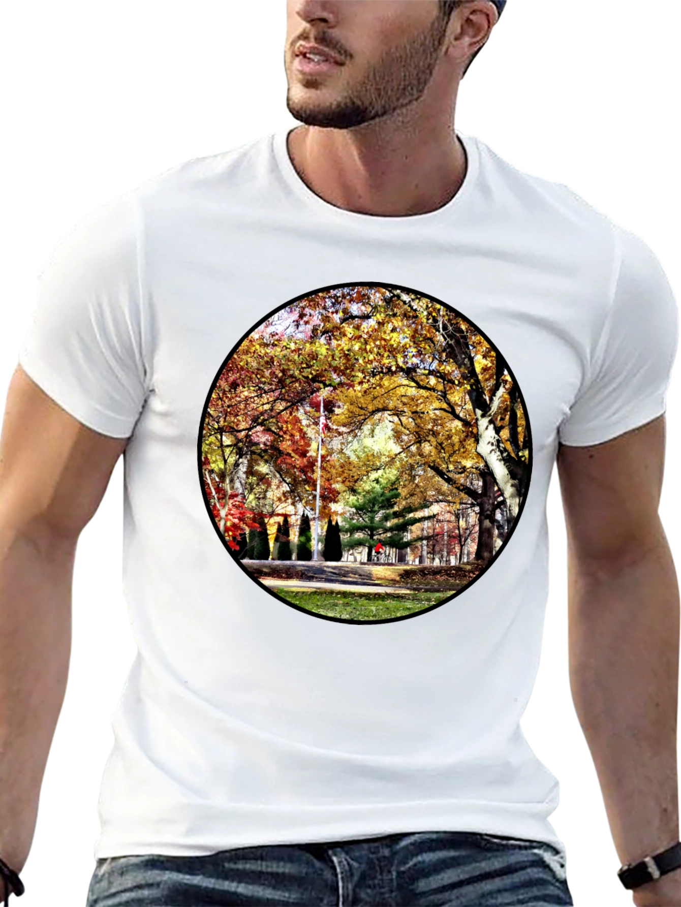 Black Autumn Park Scene Black T-Shirt view 13