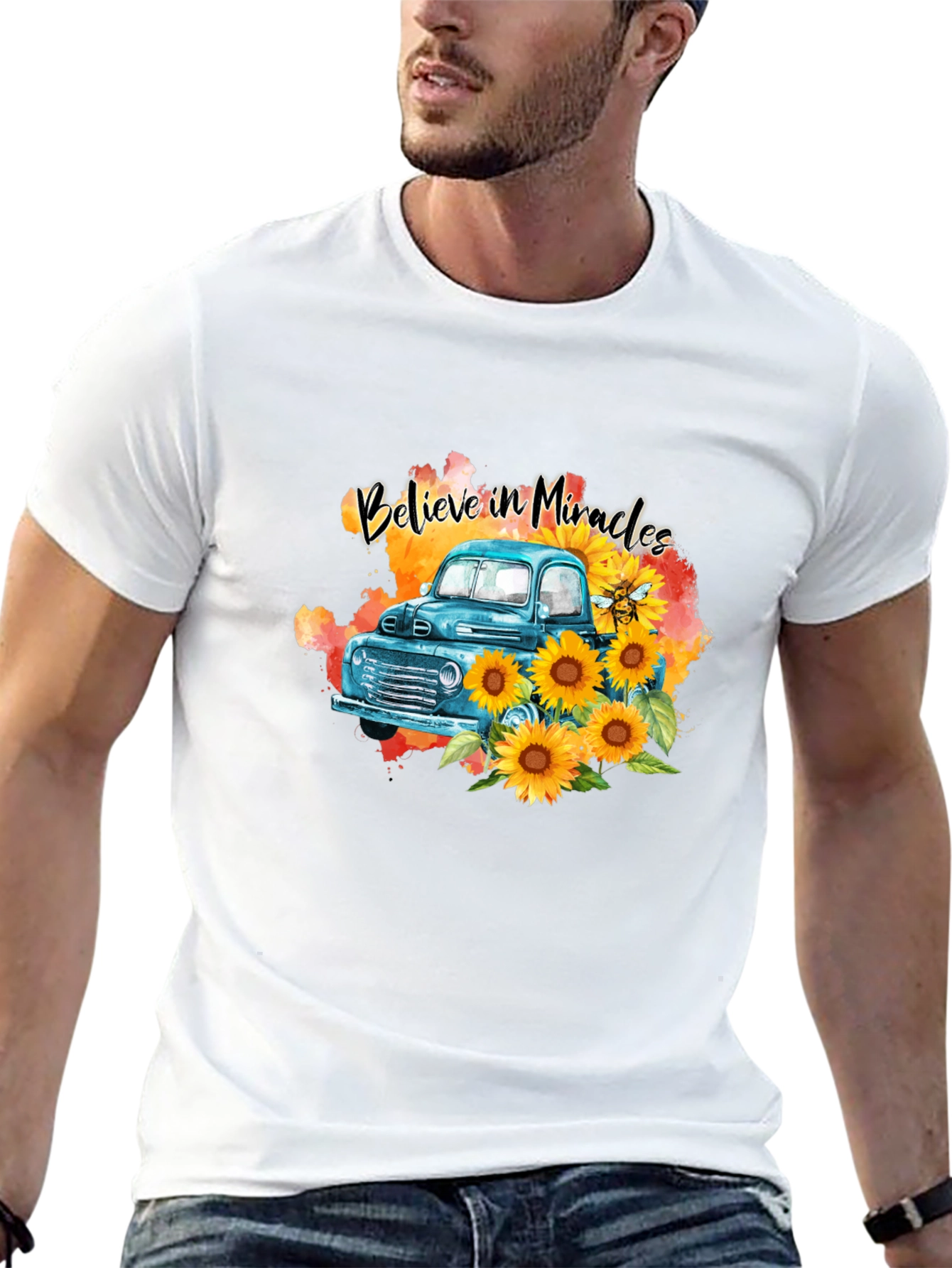 Black Believe in Miracles Sunflower Truck T-Shirt view 13