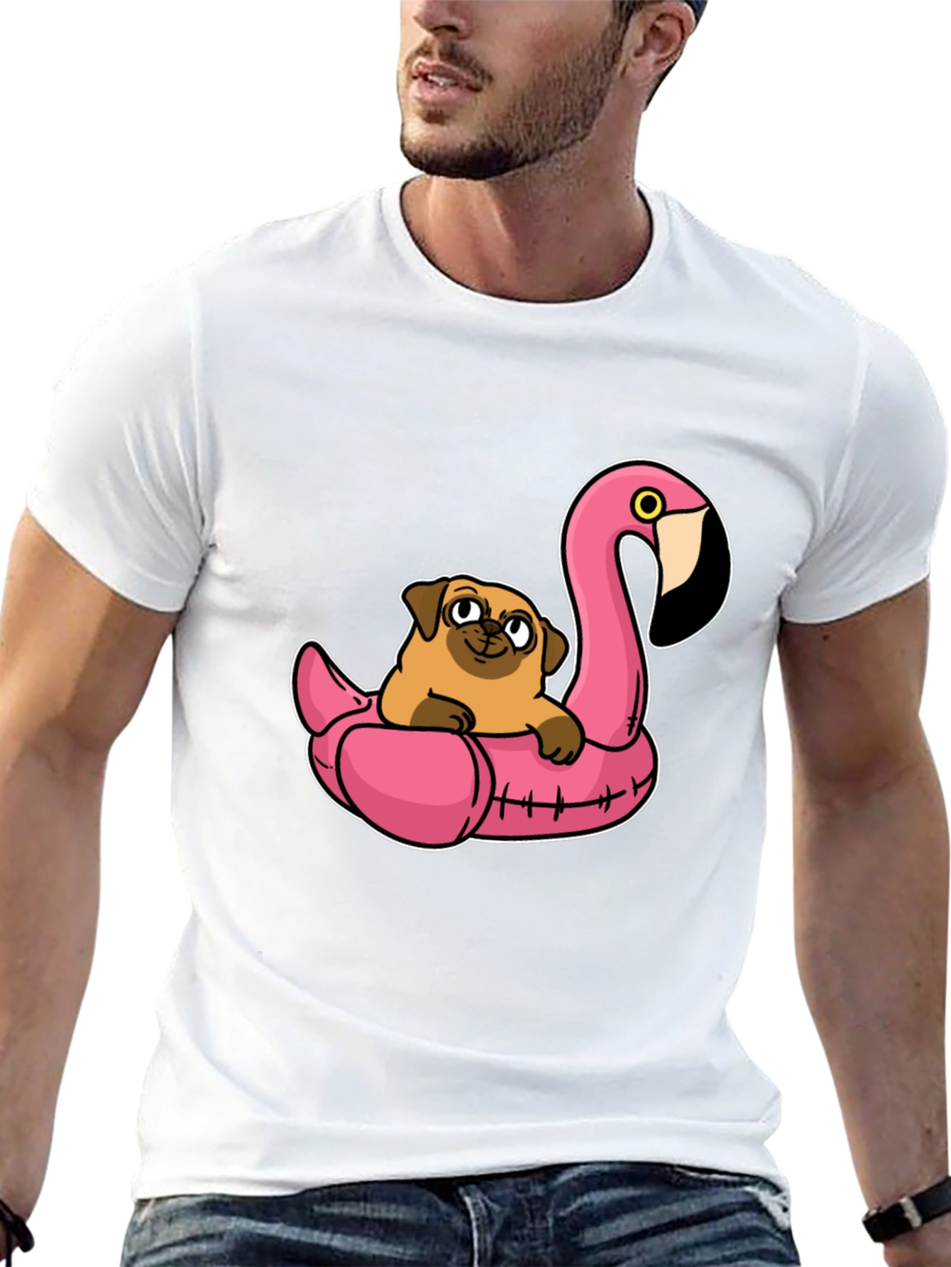 Black Pug on Flamingo Float T-Shirt view 13