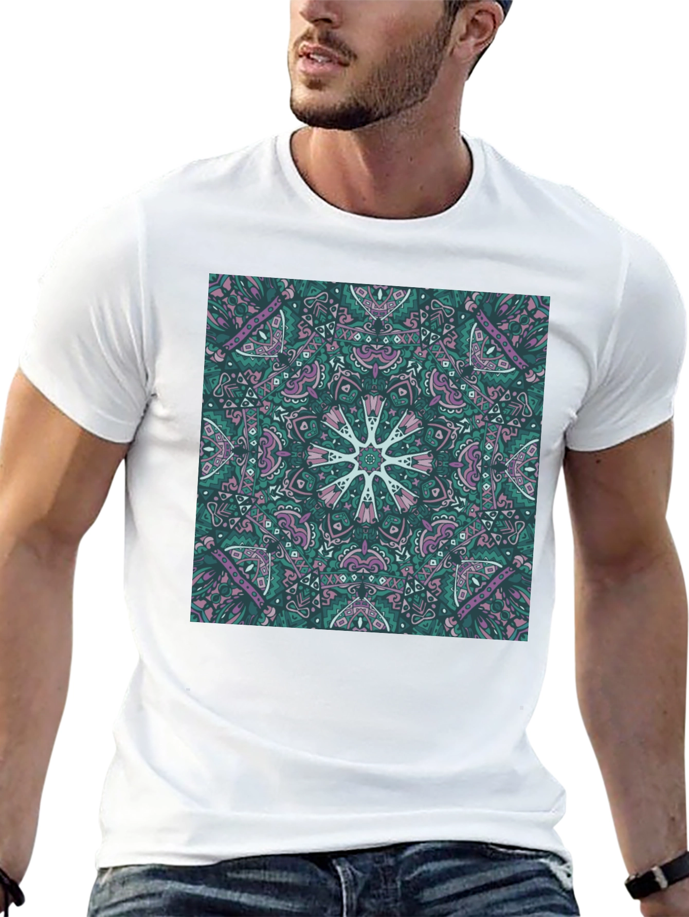 Black Abstract Mandala Print Black T-Shirt view 13