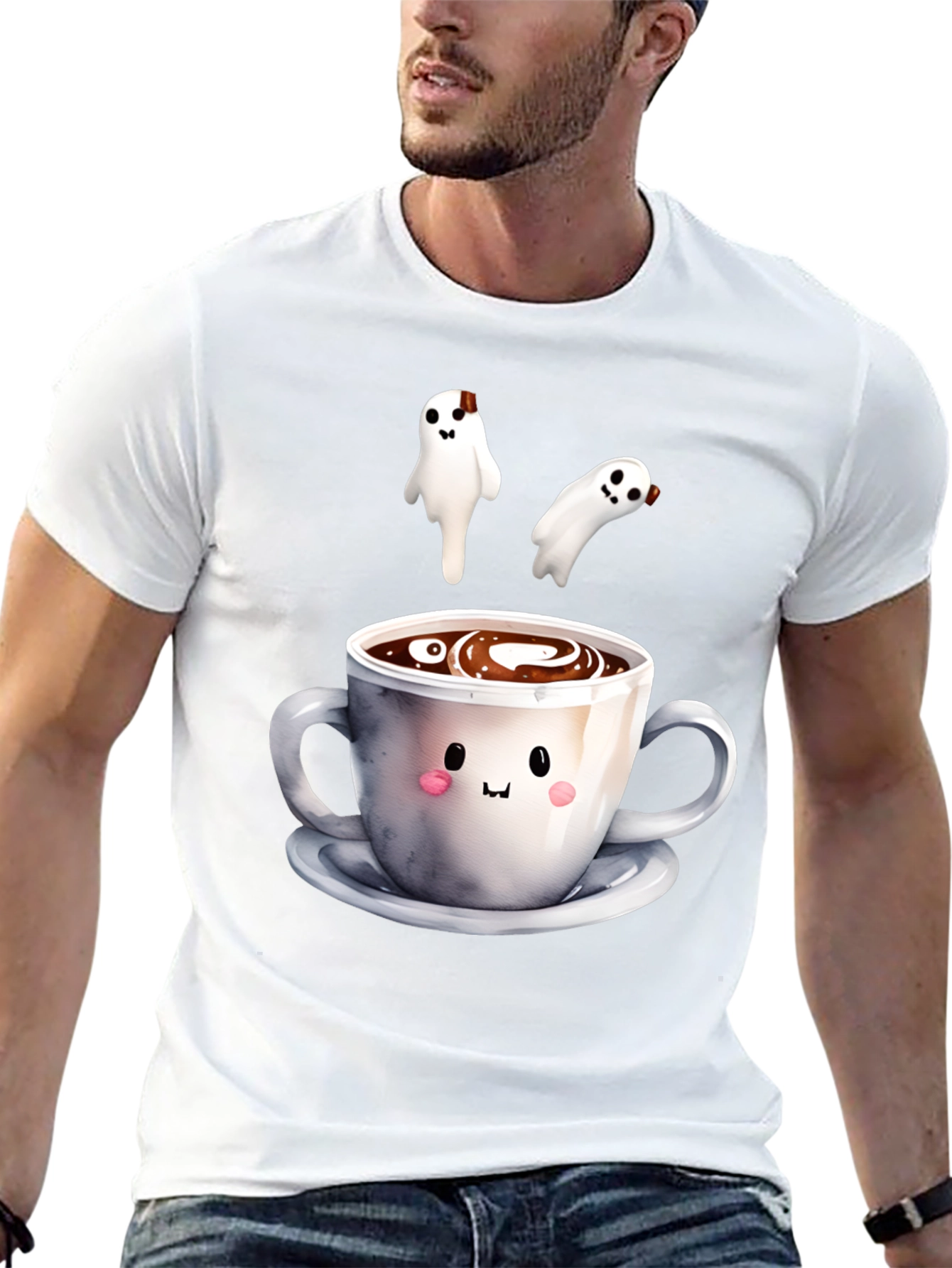 Black Cute Ghost Coffee T-Shirt, Spooky Season Apparel view 13