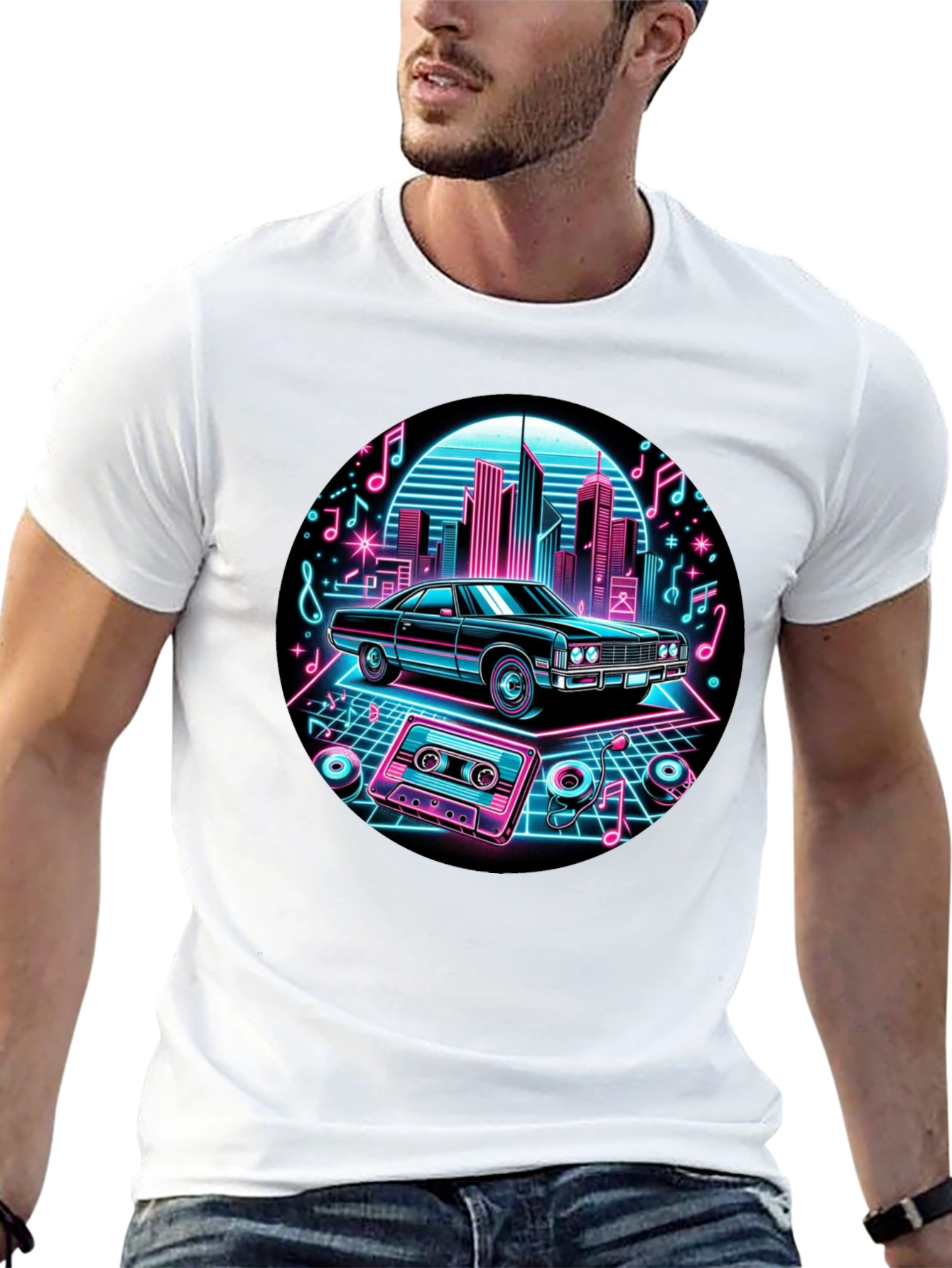Black Retro Car T-Shirt - Neon Cityscape Design view 13