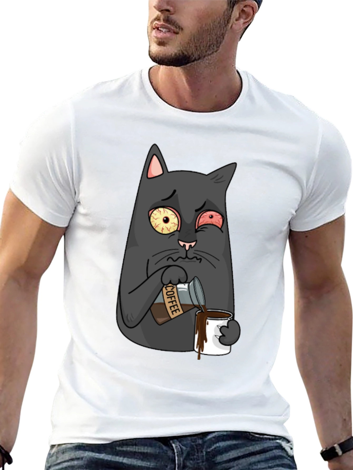 Black Coffee Cat T-Shirt - Funny Cartoon Graphic Tee view 13