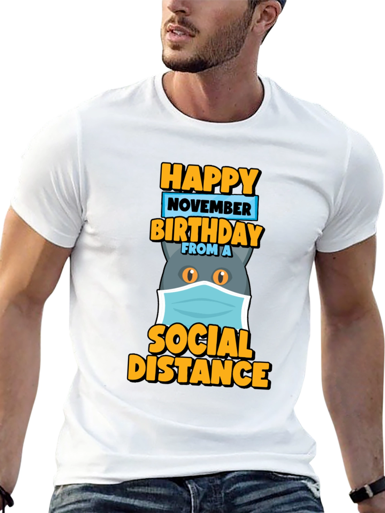 Black Happy November Birthday Social Distance Cat T-Shirt view 13
