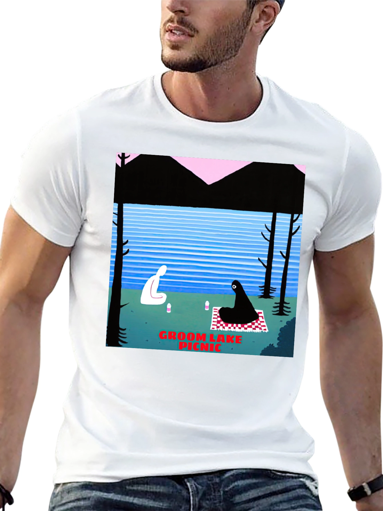 Black Groom Lake Picnic Graphic T-Shirt - Unique Art Tee view 13