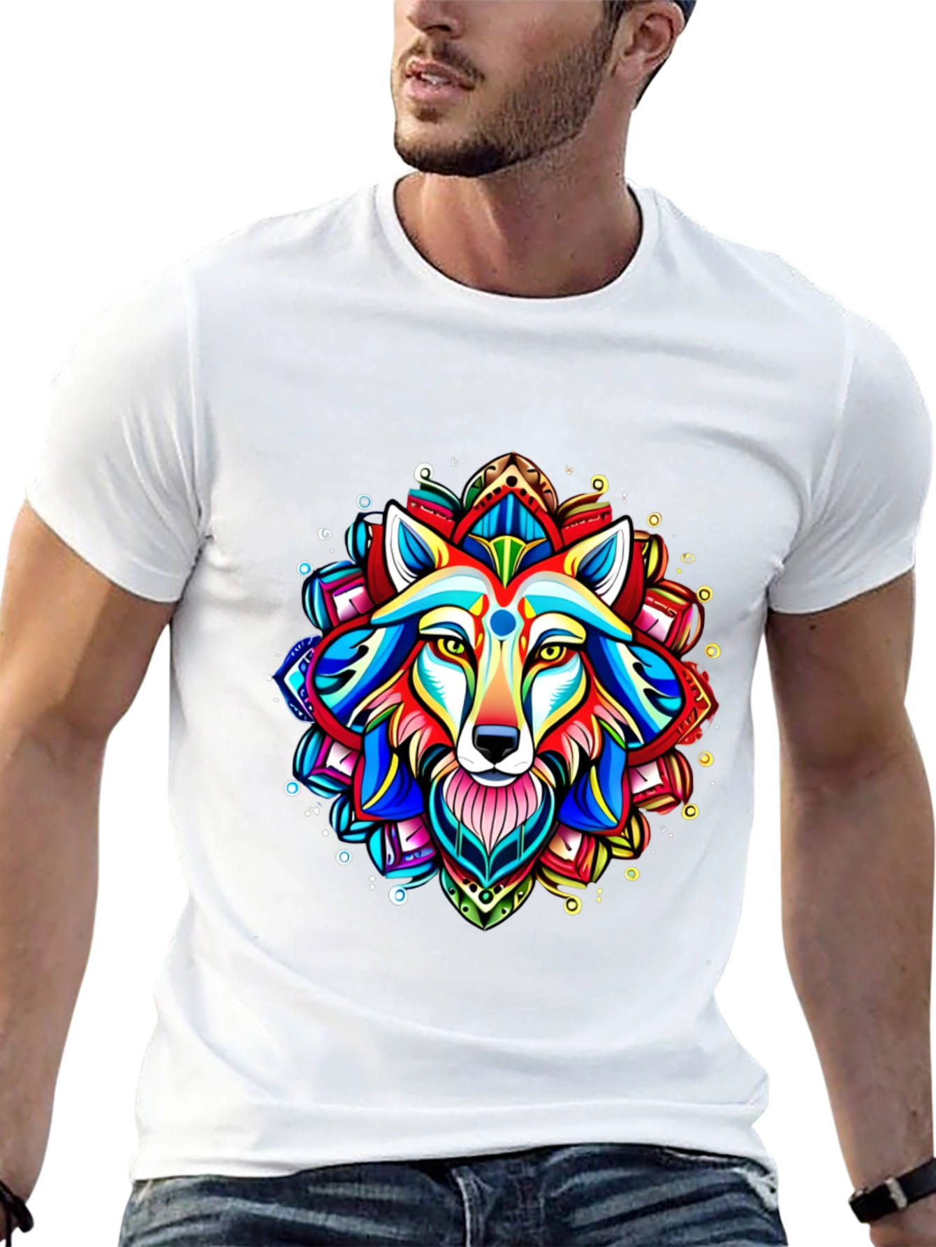 Black Vibrant Wolf Mandala Graphic Tee view 13