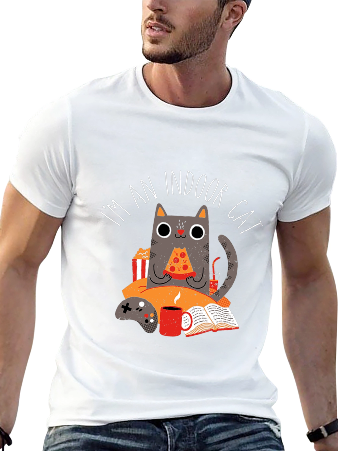 Black Indoor Cat T-Shirt - Gamer & Pizza Lover view 13