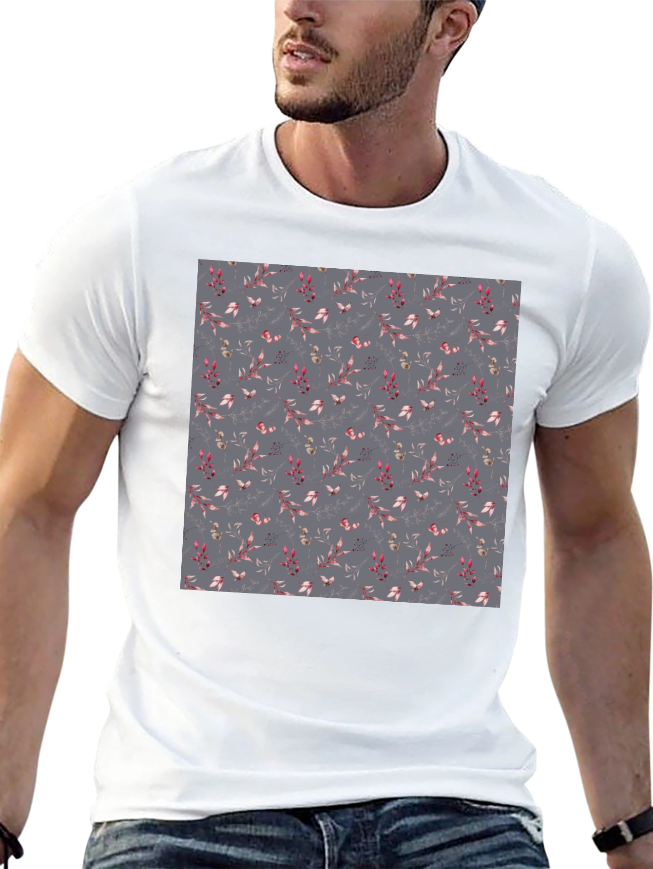 Black Floral Patterned Black T-Shirt for Men view 13