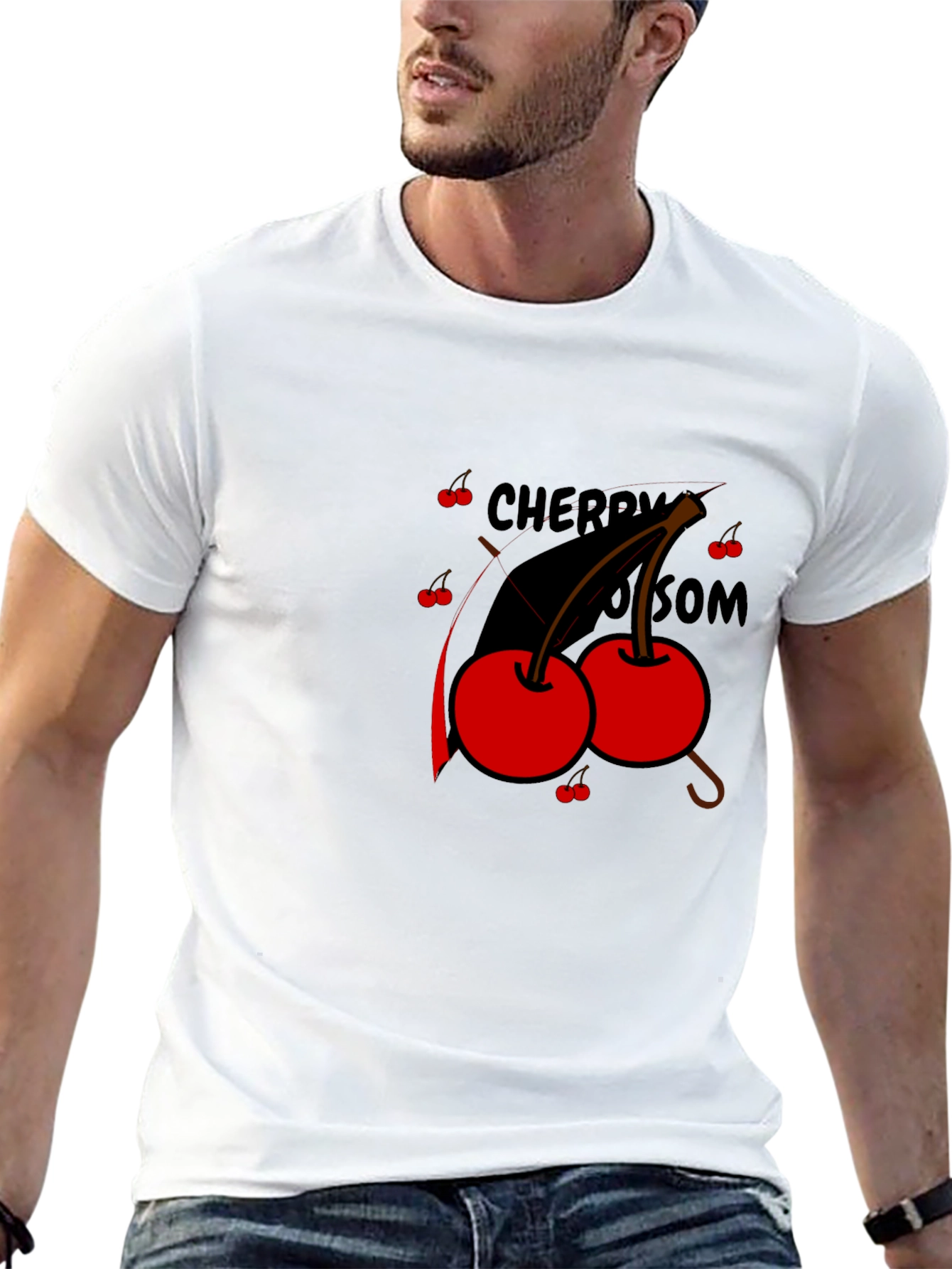 Black Cherry Blossom Graphic Tee - Black Cotton T-Shirt view 13