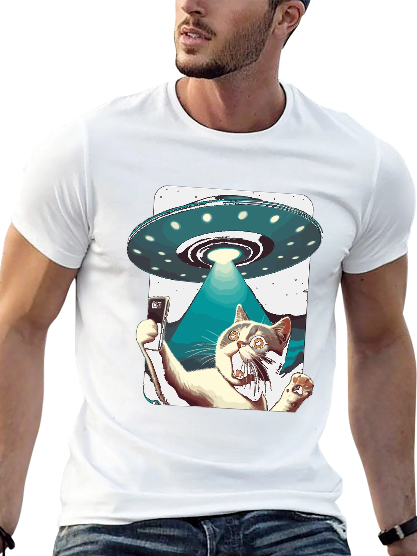 Black Alien Abduction Cat Selfie T-Shirt view 13