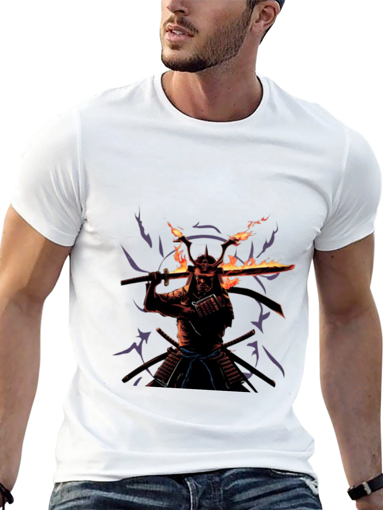 Black Samurai Fire Sword Graphic Tee - Black Cotton view 13