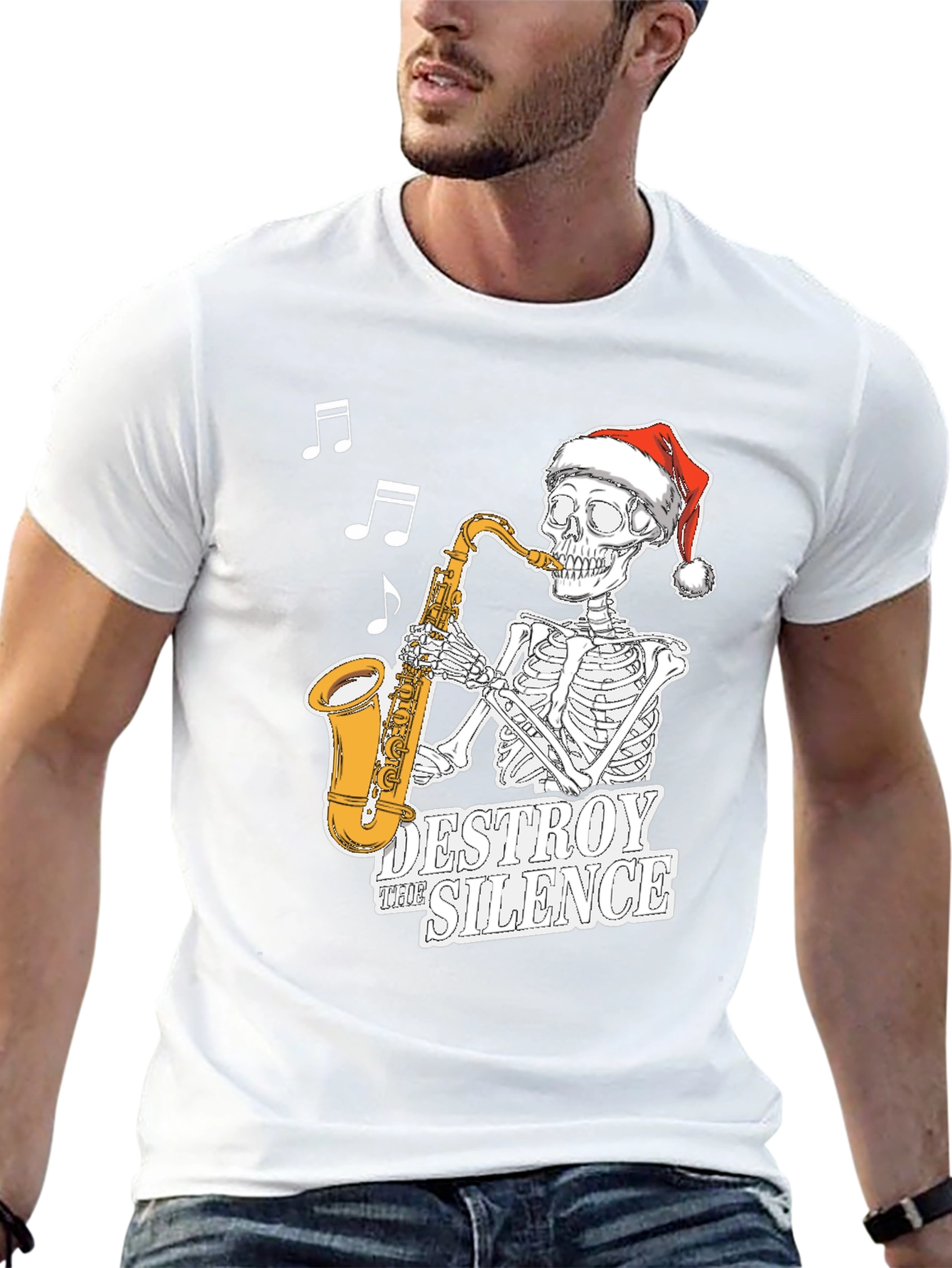 Black Skeleton Santa Saxophone T-Shirt - Destroy the Silence Tee view 13