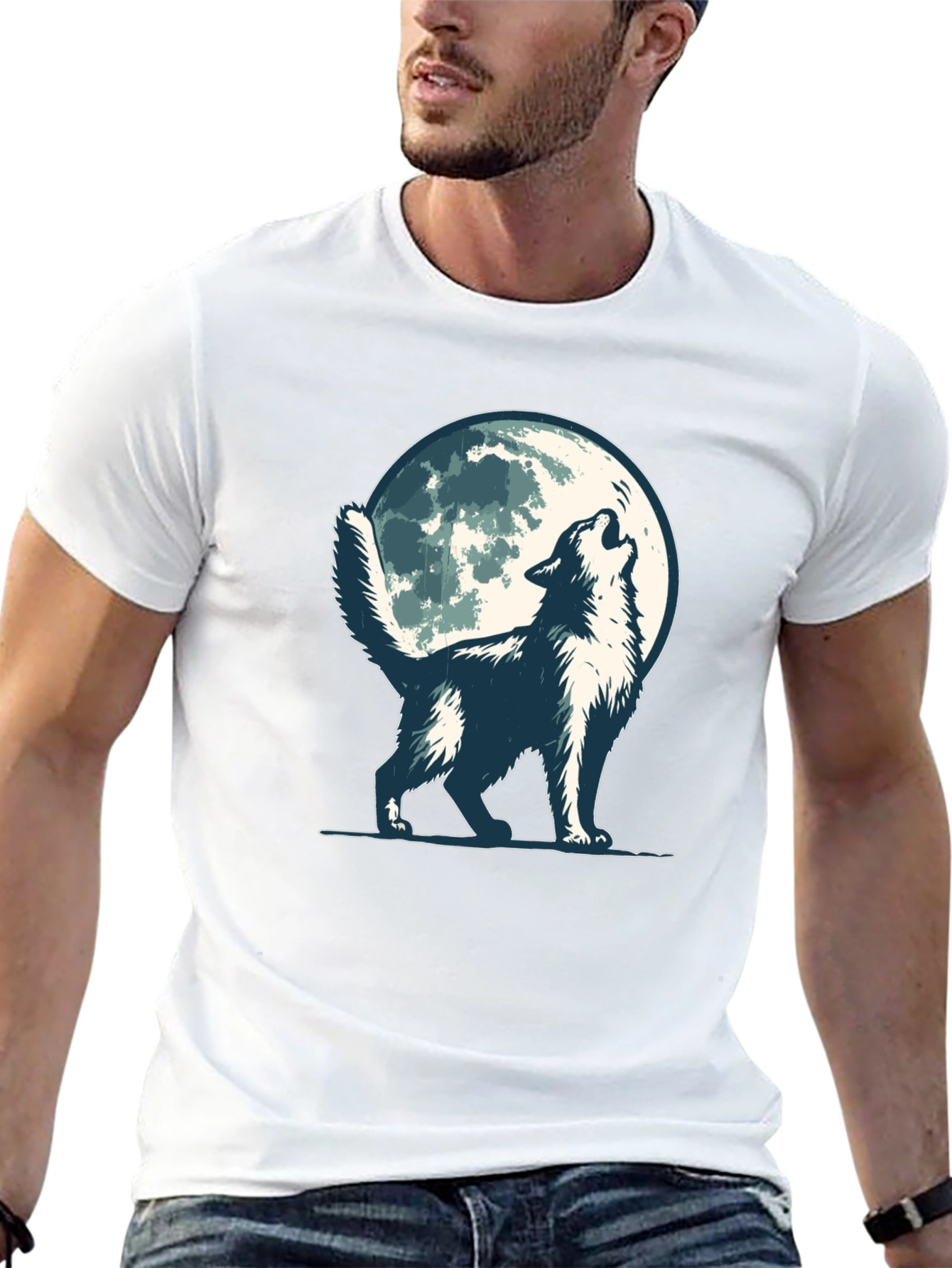 Black Wolf Howling at Moon Graphic Tee - Black Cotton Blend view 13