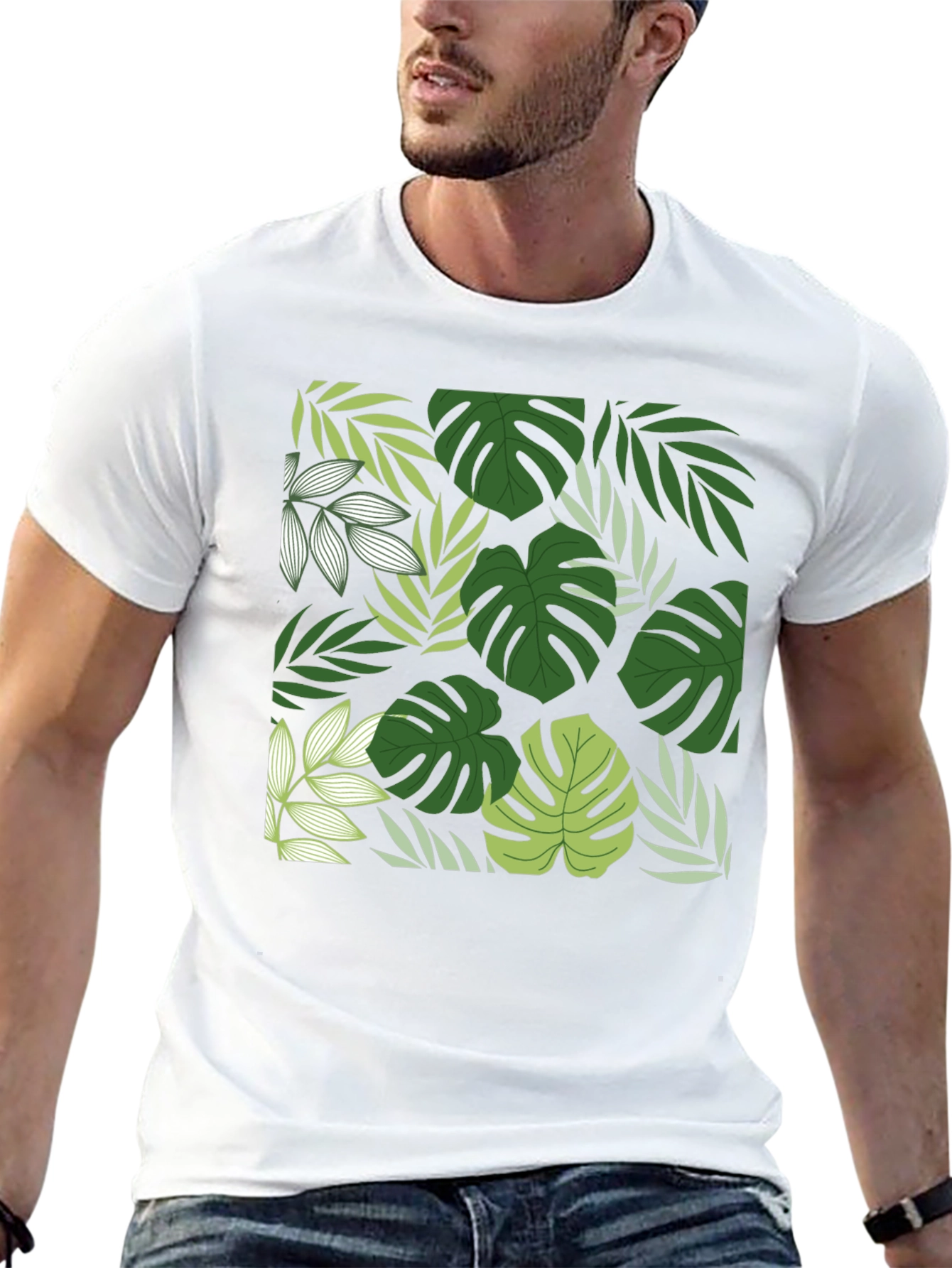 Tropical Leaf Print Black T-Shirt - 13