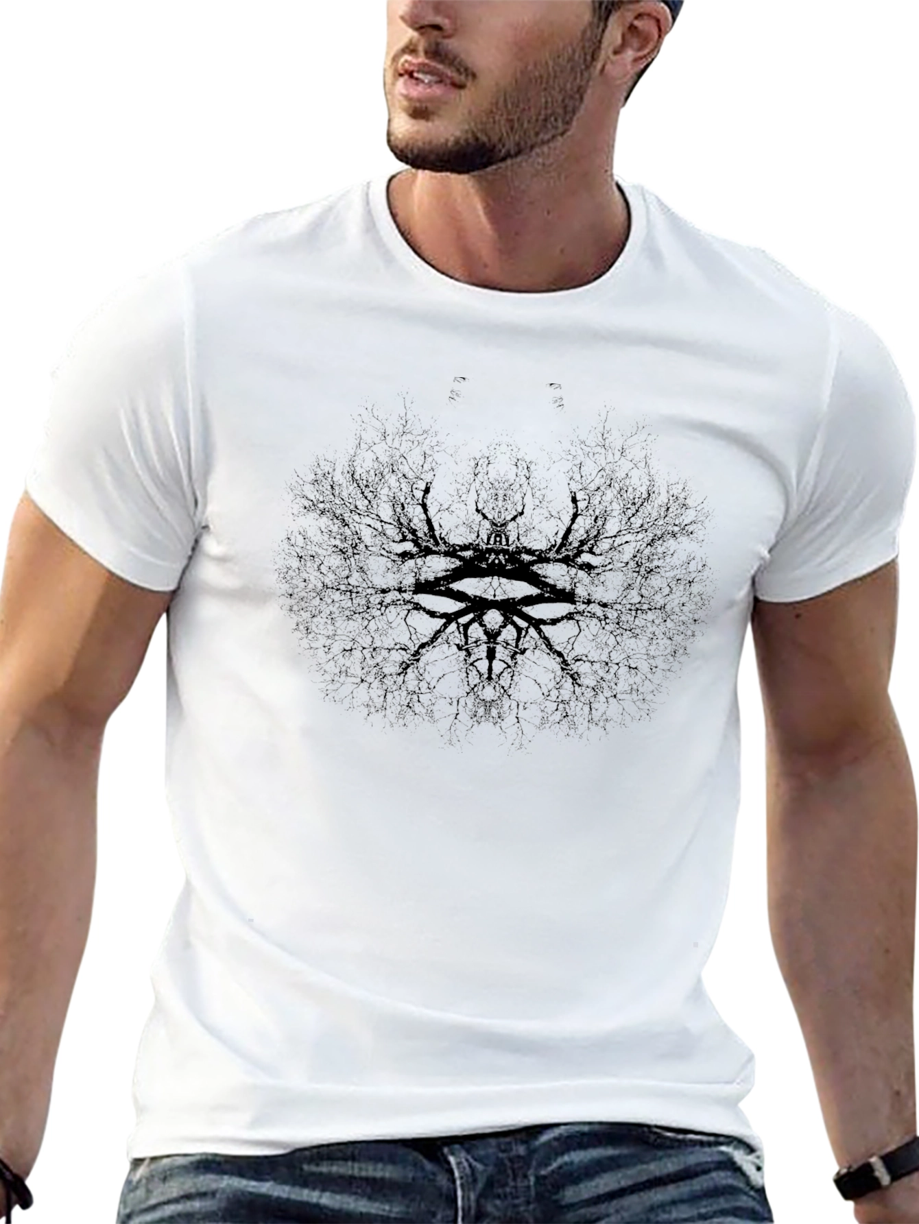 Black Men's Black Graphic Tee - Abstract Eye Tree Design view 13