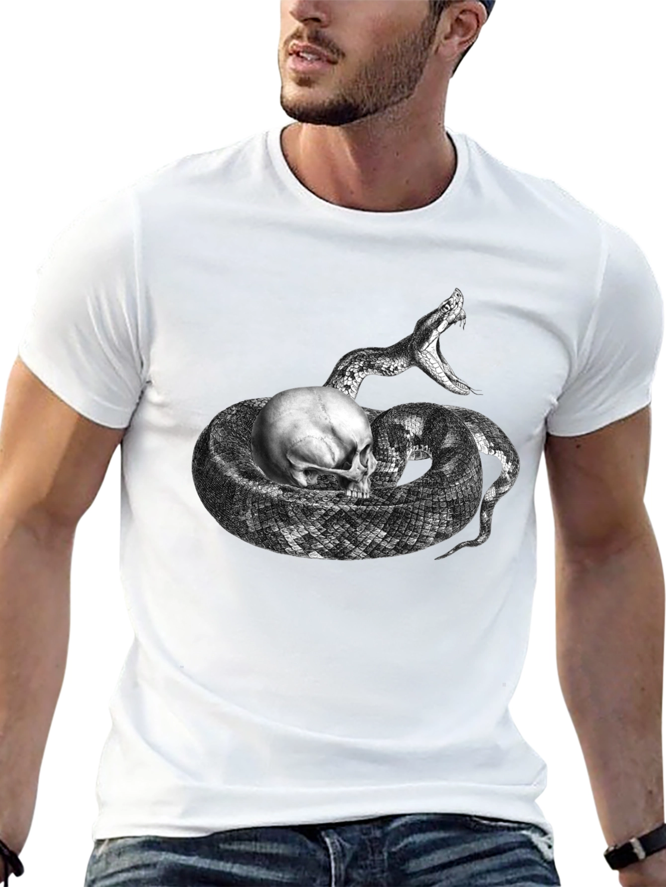 Black Skull & Snake Graphic Tee - Black Cotton T-Shirt view 13