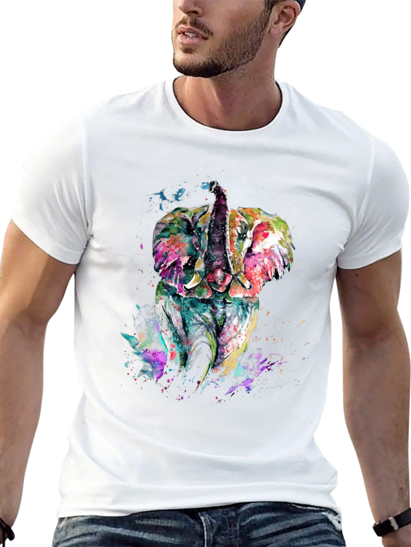 Black Elephant Watercolor Graphic Tee - Men's Black T-Shirt view 13