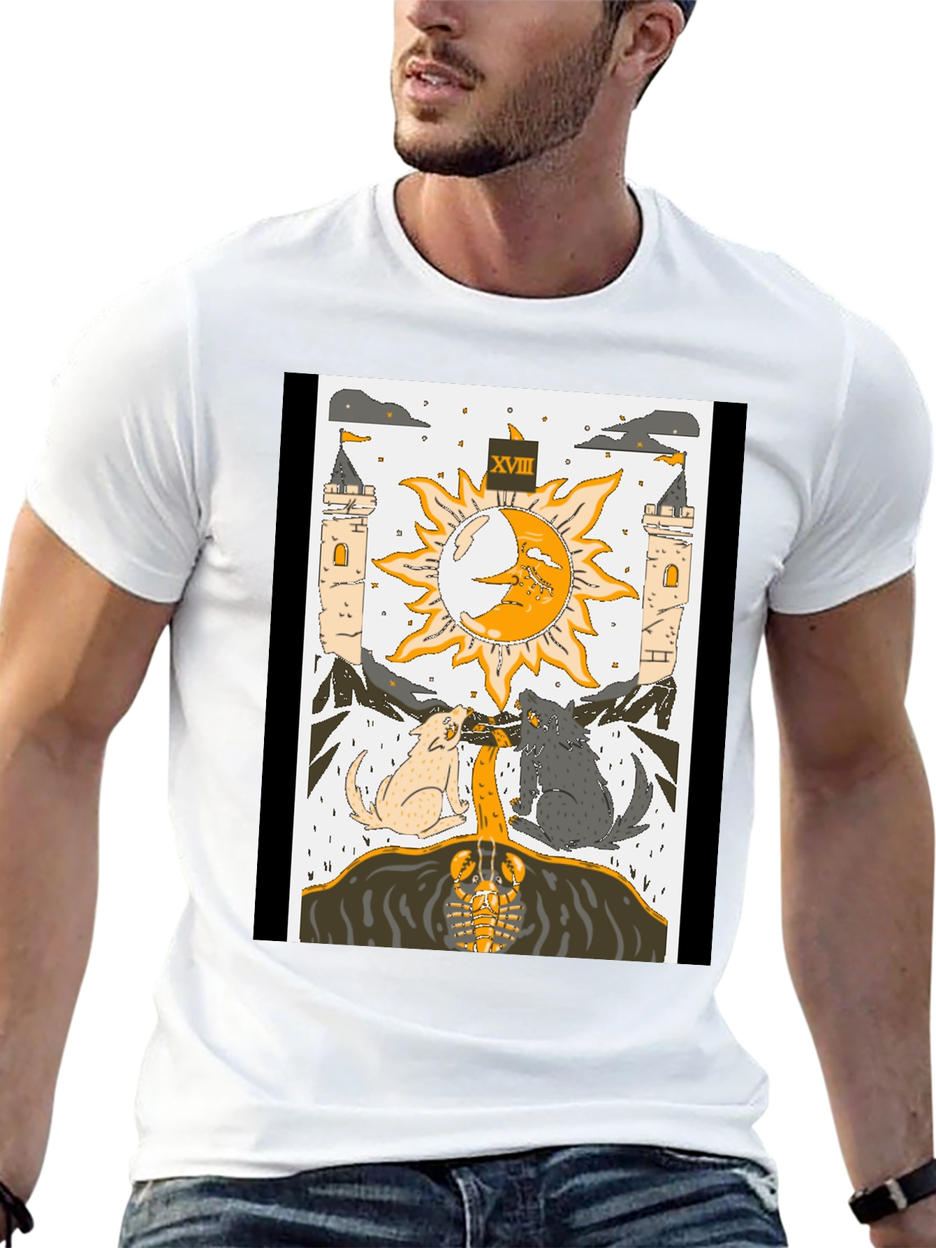 Black Moon Tarot Card T-Shirt - Lunar Wolves Design view 13