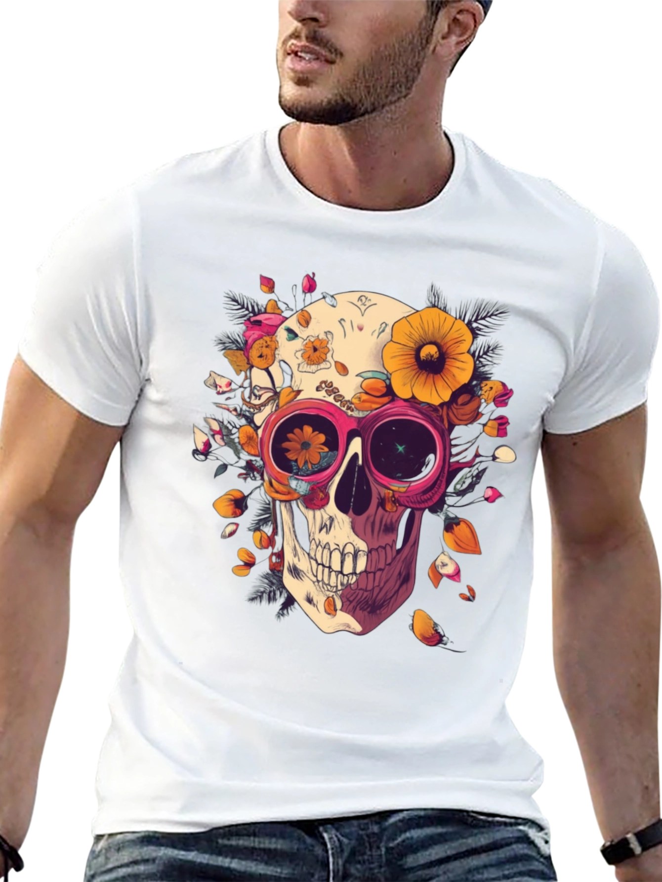 Black Floral Skull Graphic Tee - Unique Unisex T-Shirt view 13