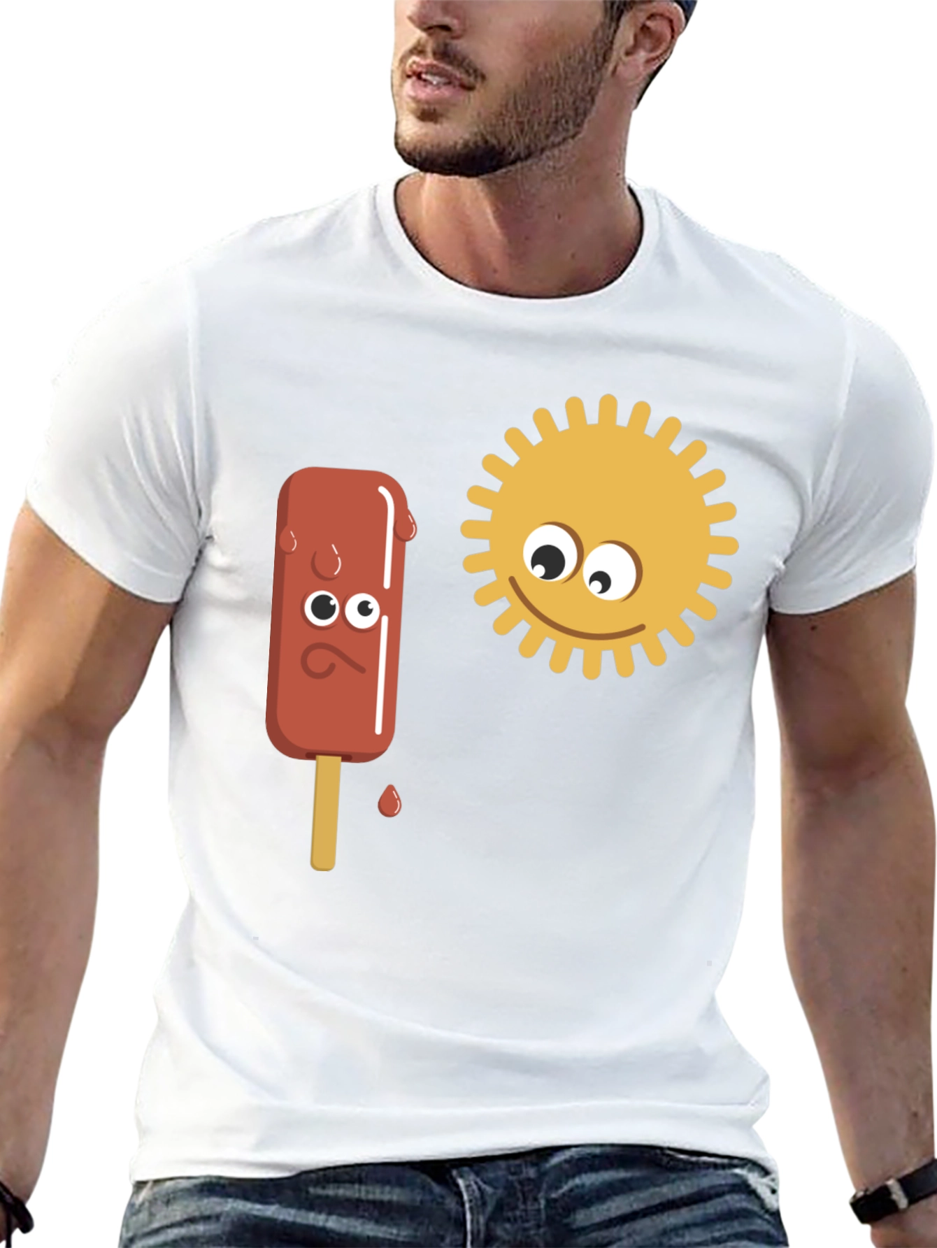 Black Funny Cartoon Sun & Ice Cream Men's Black T-Shirt view 13