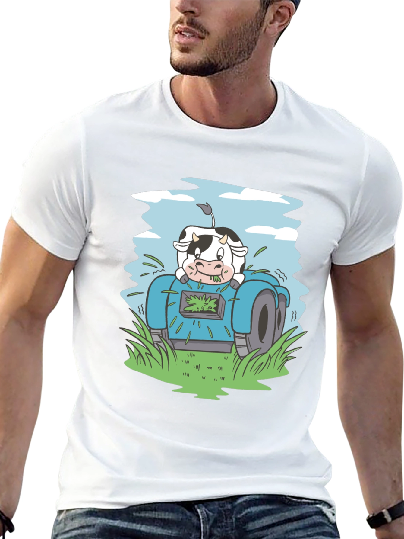 Black Cow Riding Lawnmower Graphic Tee view 13