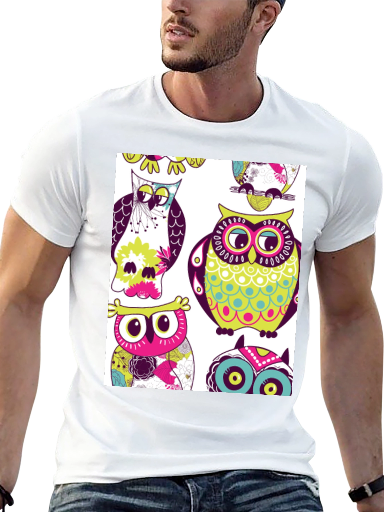 Black Owl Pattern Graphic Print Crew Neck Tee view 13