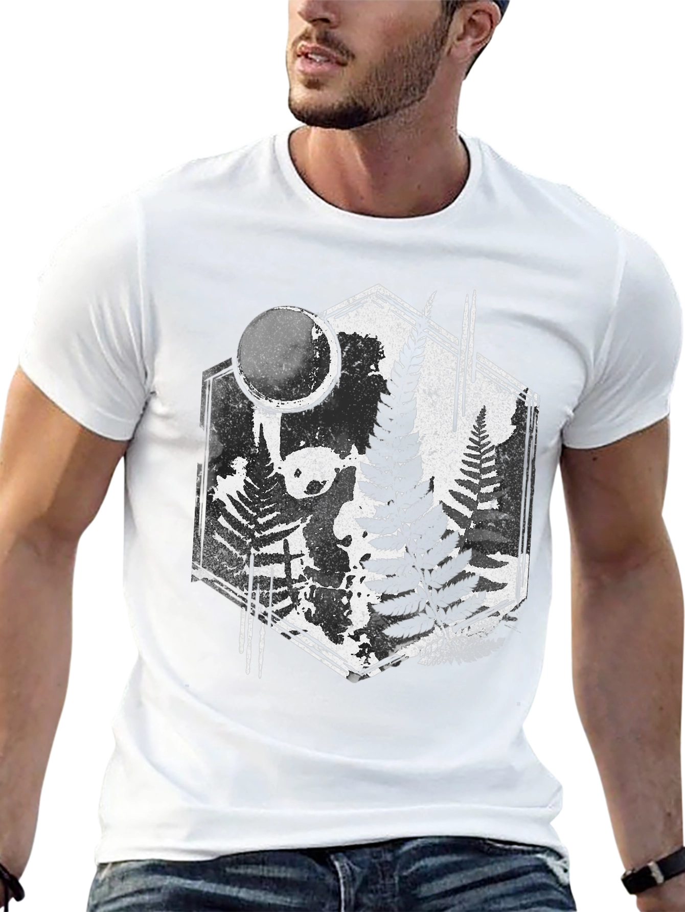 Black Fern Forest Panda Black T-Shirt - Nature Inspired Graphic Tee view 13