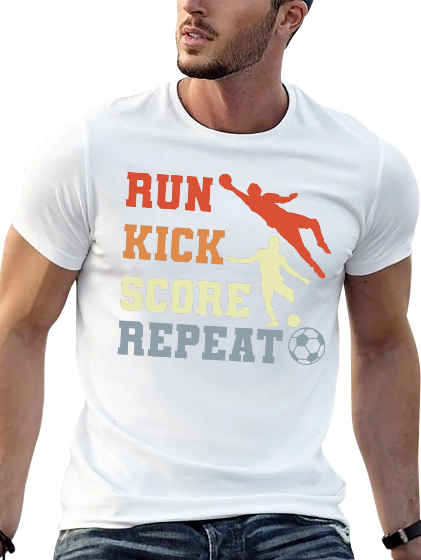 Black Run Kick Score Repeat Soccer T-Shirt view 13