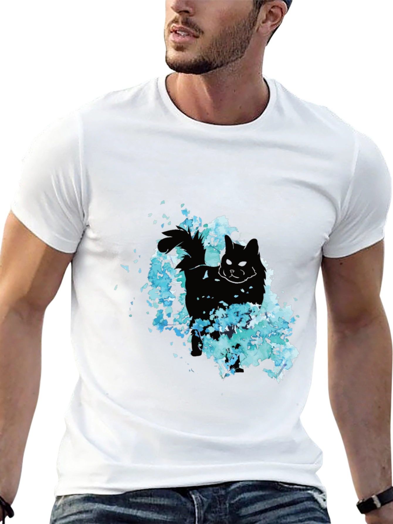 Black Black Cat Floral Graphic Tee - Men's Casual T-Shirt view 13