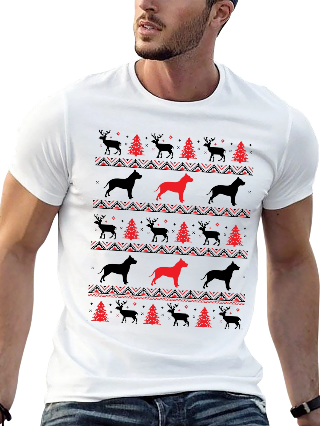 Black Festive Dog & Reindeer Holiday T-Shirt view 13