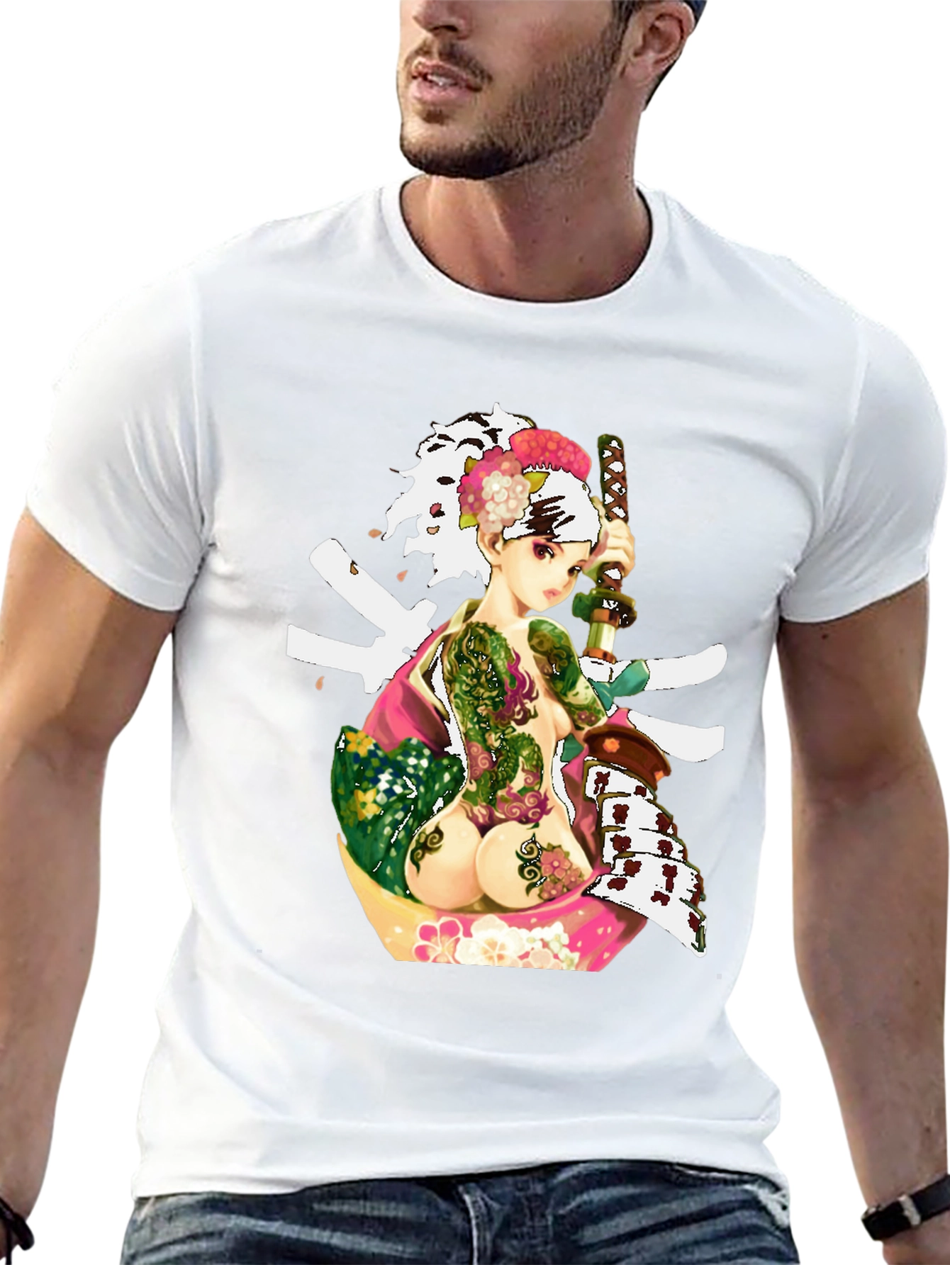 Black Samurai Girl Tattoo T-Shirt - Unique Graphic Tee view 13