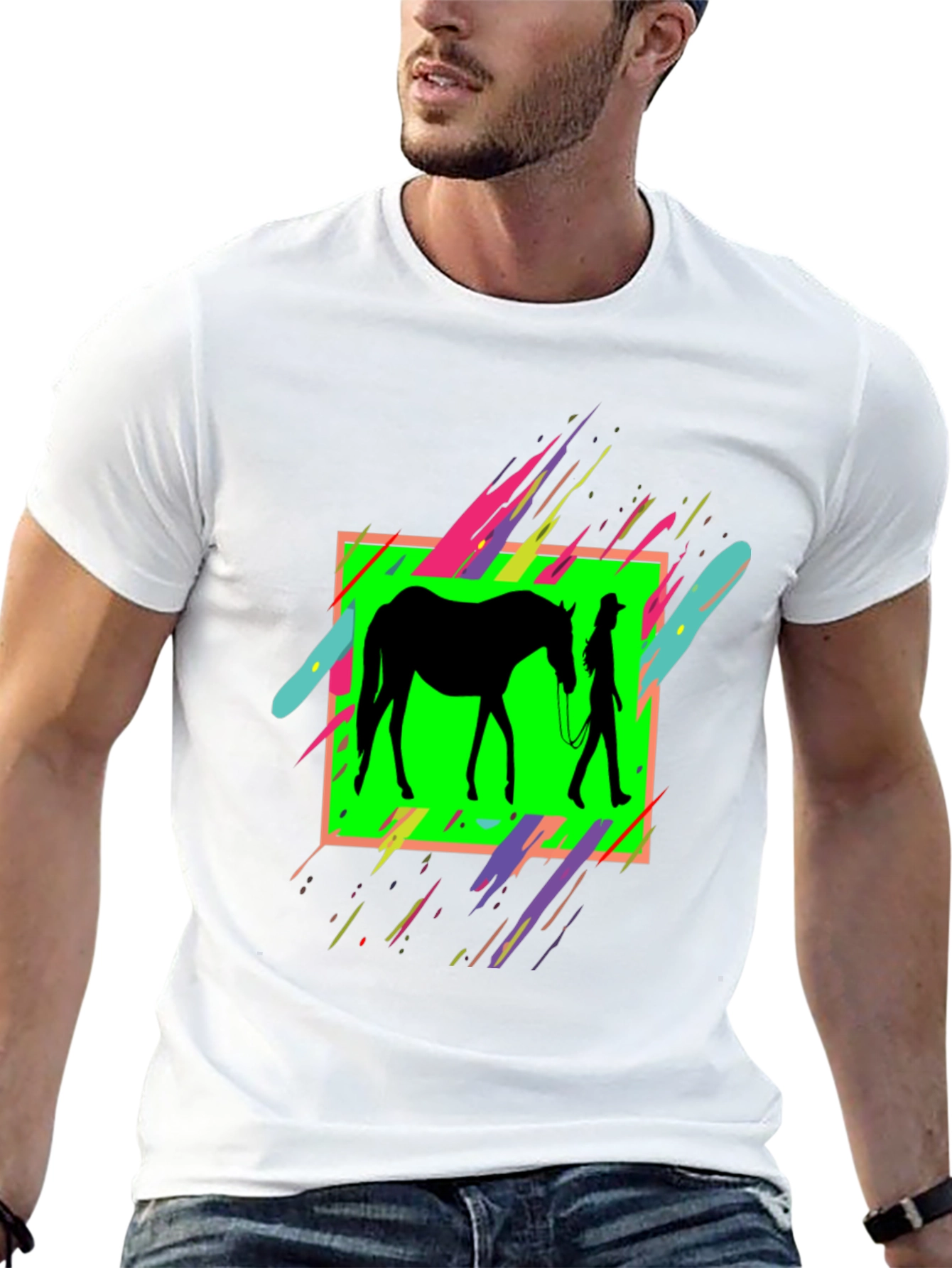 Black Horse & Rider Graphic Tee - Neon Silhouette Design view 13