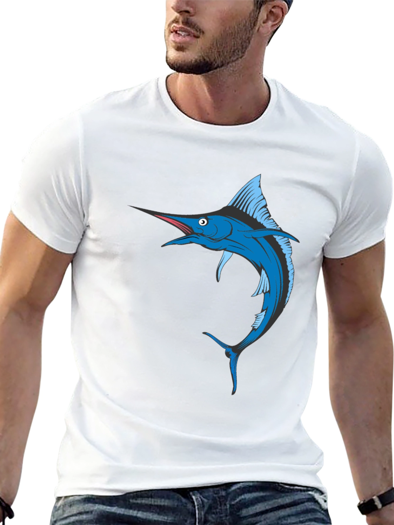 Black Blue Marlin Fish Graphic T-Shirt - Black Cotton Tee view 13