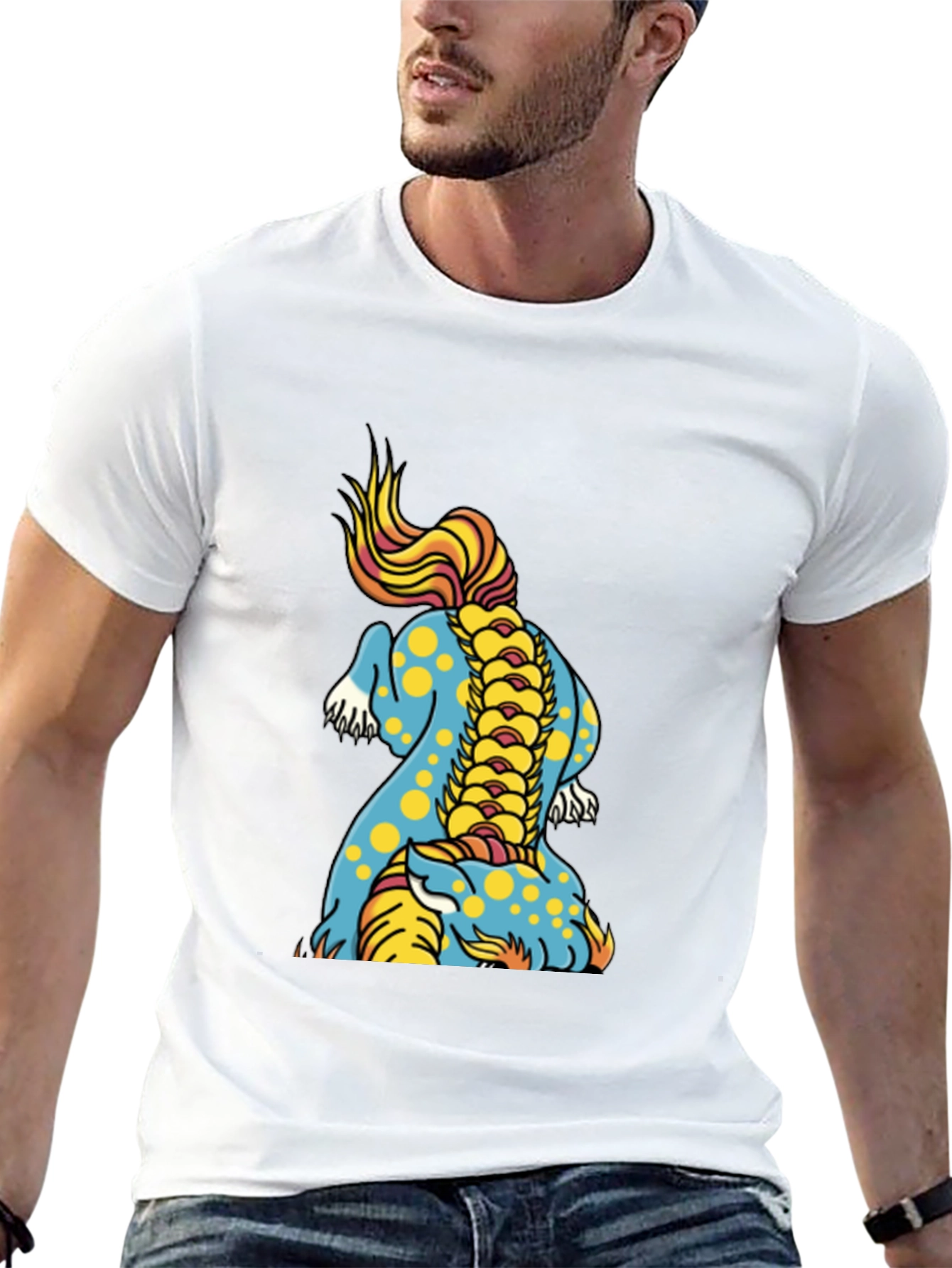 Black Men's Black T-Shirt with Colorful Dragon Design view 13