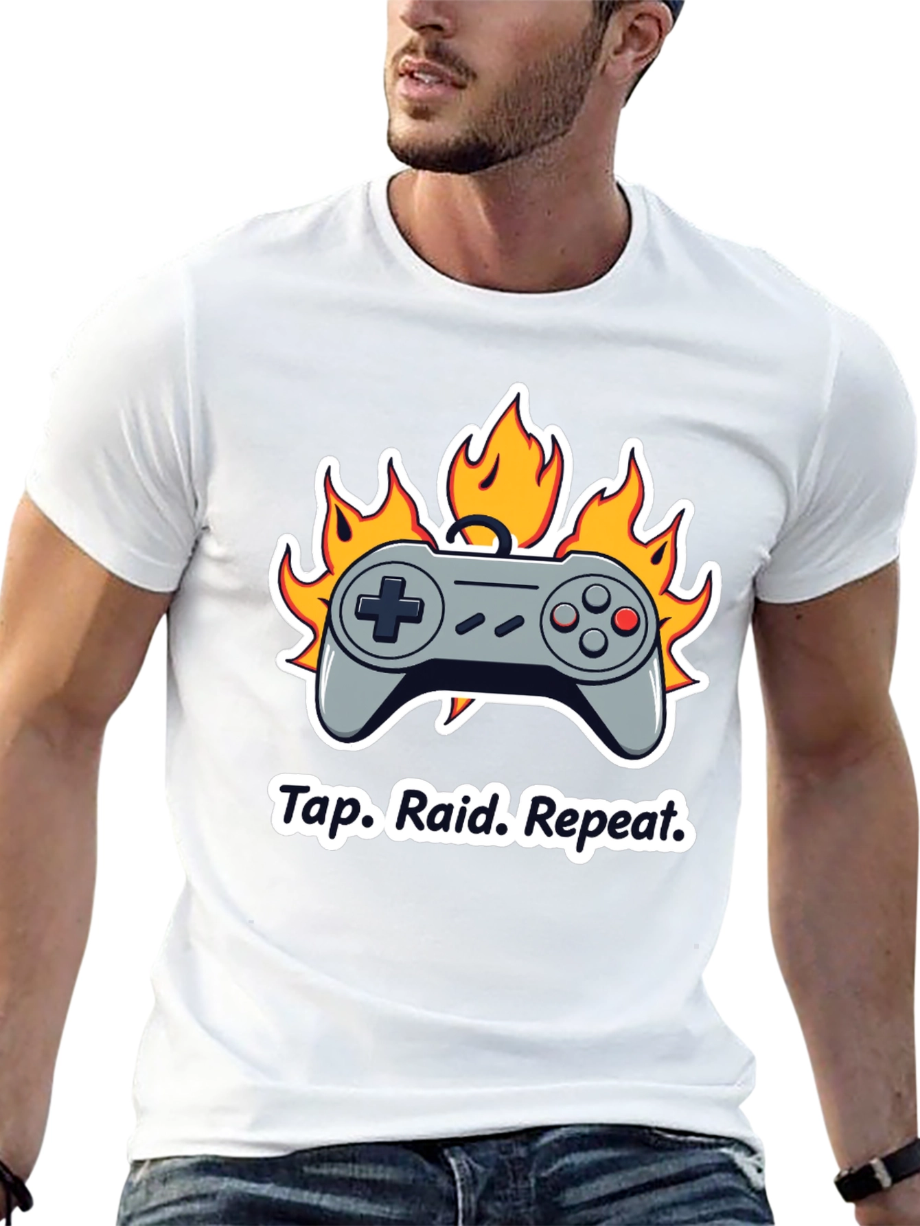 Black Gamer T-Shirt: Tap Raid Repeat - Controller in Flames view 13