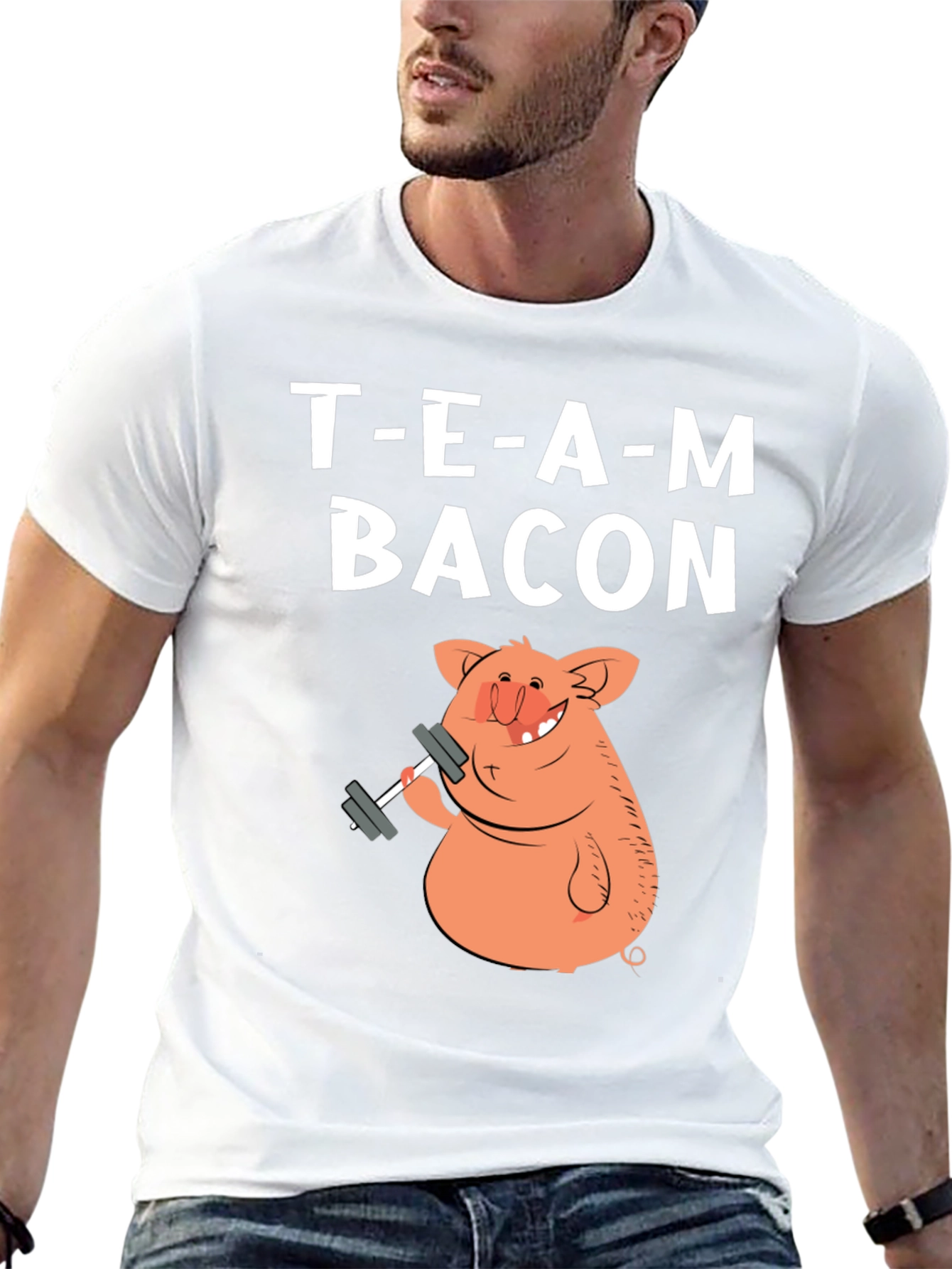 Black Team Bacon Pig Lifting Weights Graphic T-Shirt view 13